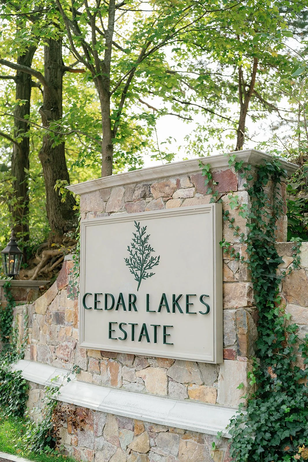 A stone wall with a sign that reads "Cedar Lakes Estate" and has a leaf logo. Green ivy grows on the wall, and there are trees and a lantern in the background.