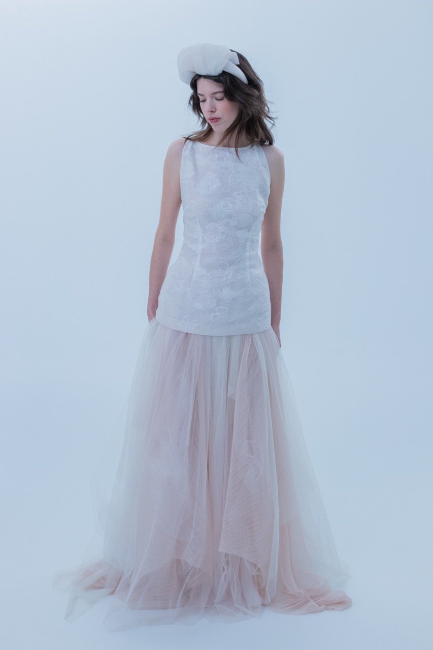 Michelle bridal top with Annika top and Charly wedding skirt and headband