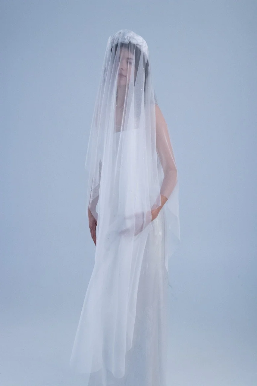 Camille wedding dress with bridal Perle veil and headband