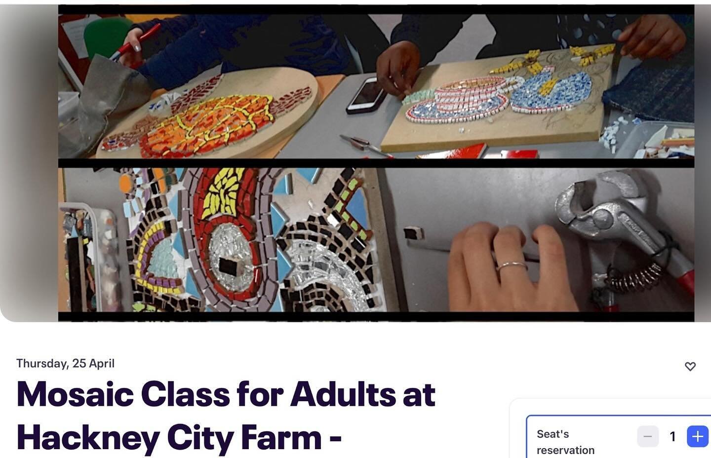 Did you know there are mosaic classes at Hackney City Farm? Running every Thursday and Friday by the very talented Cat. Check out all the details and book on via Eventbrite, link in bio 👆🔗 If attending Thursday you can shop with us before your clas