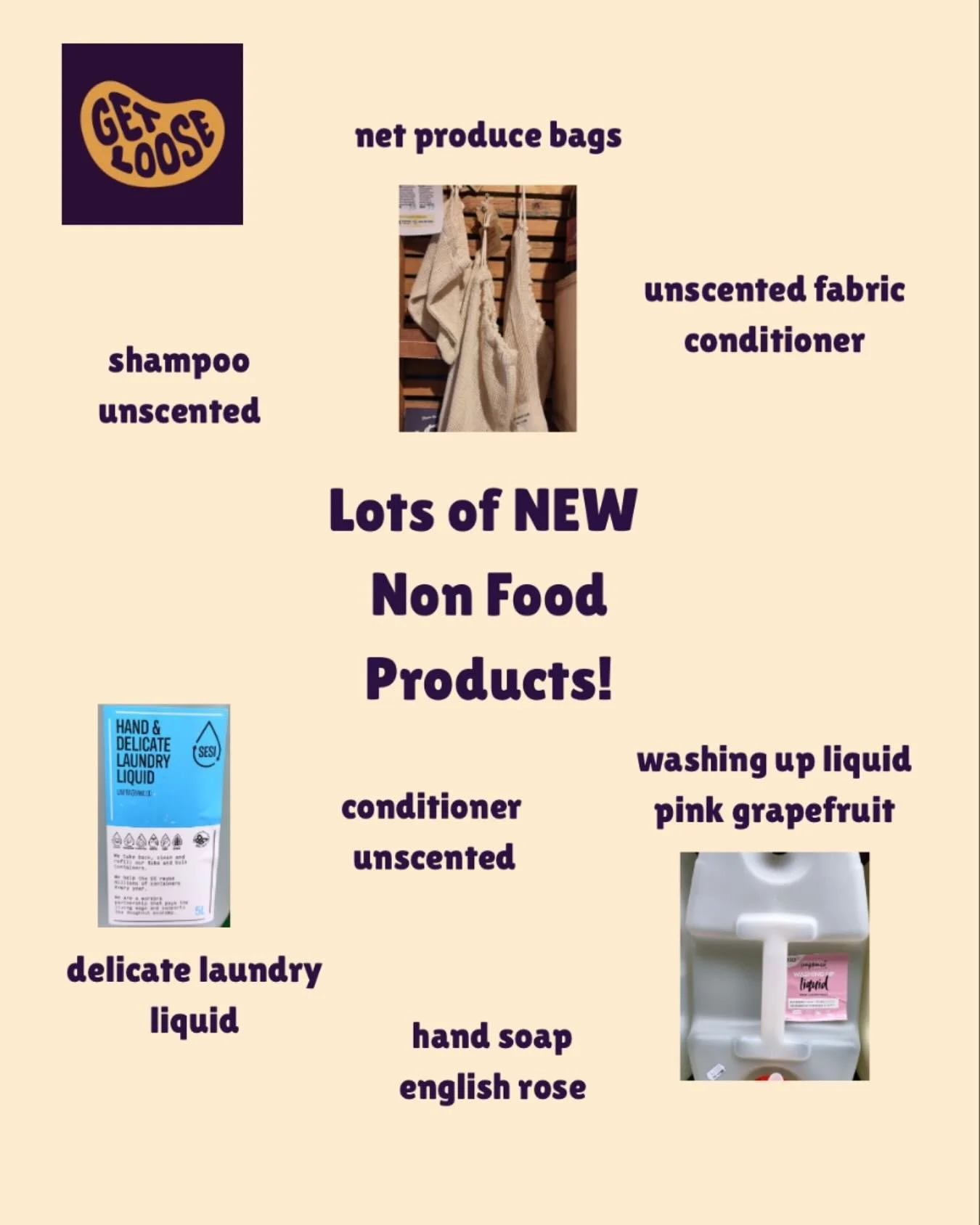 Have you see our new non food items?
🥅net bags
🫧fabric conditioner unscented
🍽️washing up liquid grapefruit
👗hand washing / delicates laundry liquid
🌹rose hand soap
🪮conditioner unscented
🎀shampoo unscented
Do ask staff if you can&rsquo;t see 
