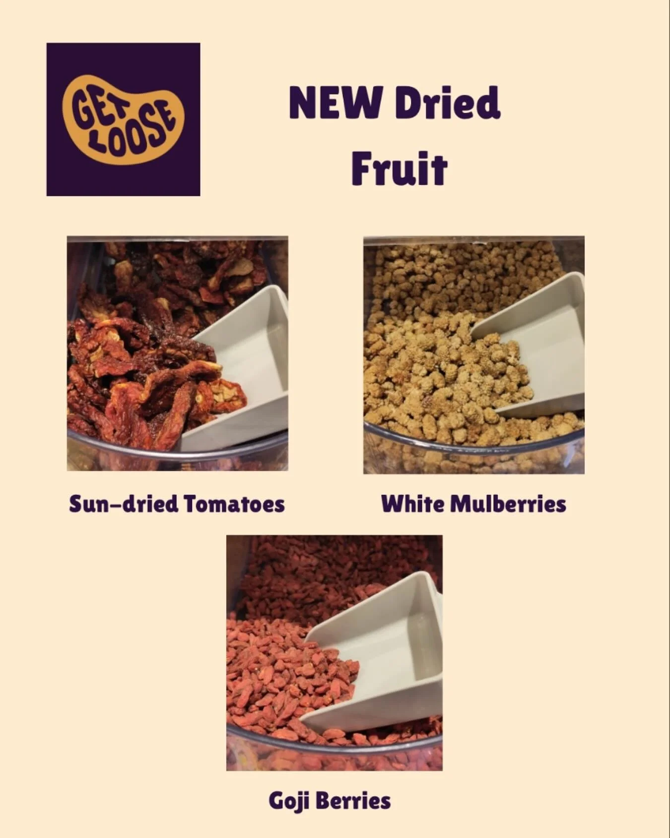 NEW loose dried fruits; 
🍅sun-dried tomatoes - rehydrate for 10 mins in water before use
❤️goji berries - rich source of antioxidants
🤍white mulberries - a good source of iron
Grab your containers and fill up what you need. Or use our free jar bank