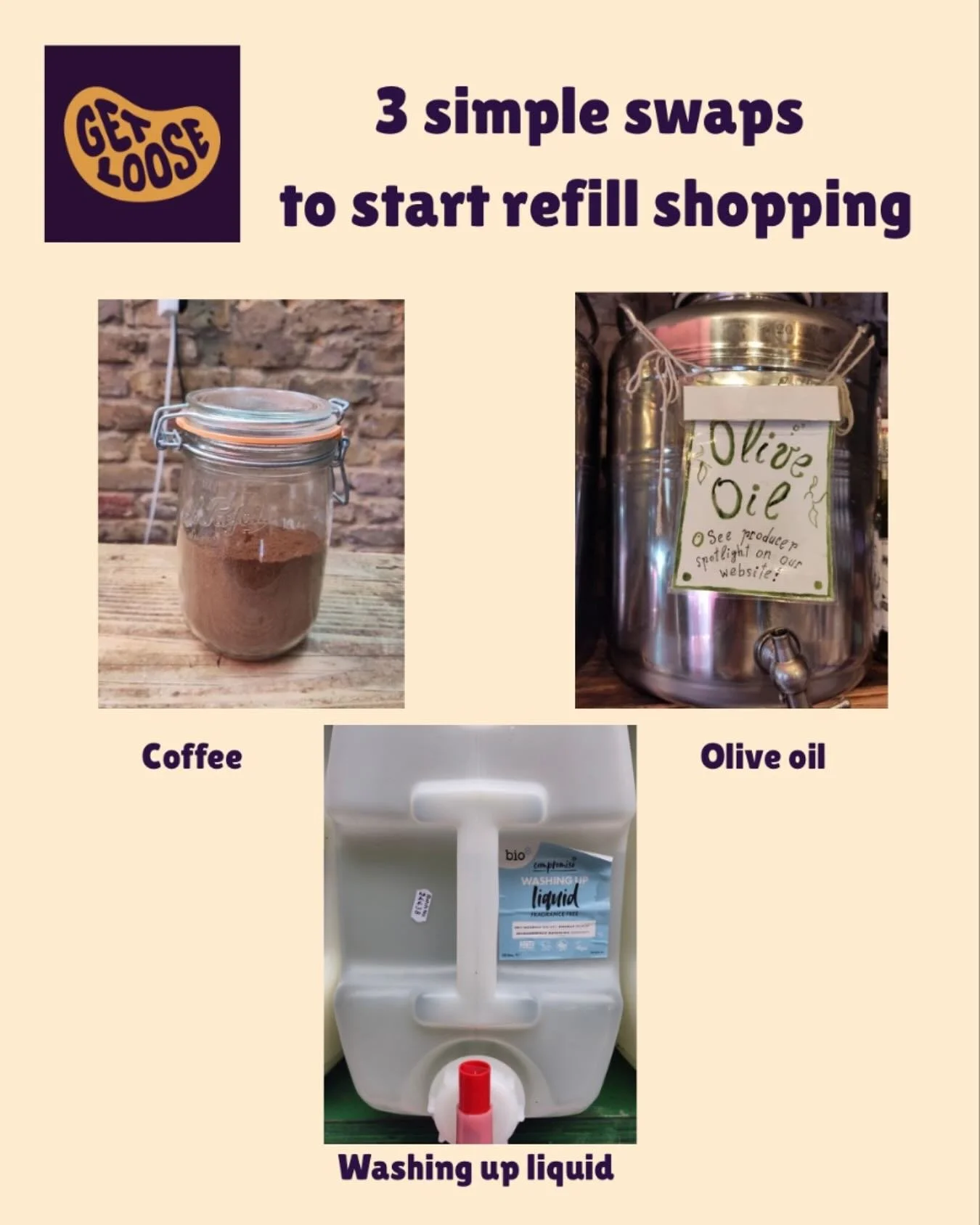 Are you not sure where to start with refill? We suggest starting with 3 simple swaps and build from there;

🫧washing up liquid - @thebiodcompany made in Hull, vegan, palm oil free, not tested on animals, allergy UK approved. 

🫒olive oil - @aethali