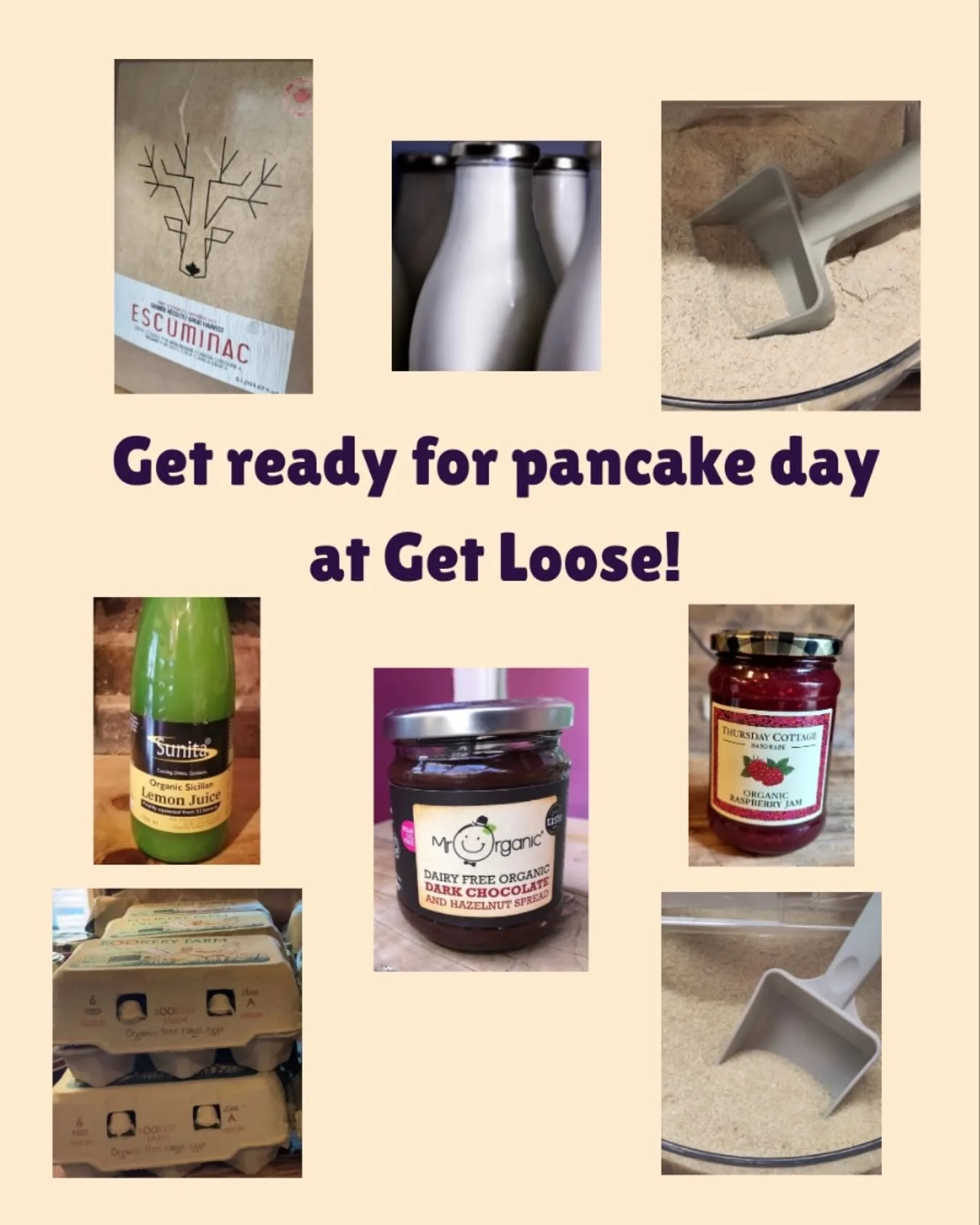 It&rsquo;s Pancake Day next Tuesday 17th Feb 🥞 
Which ever kind is your favourite, we have you covered with flour, eggs, milk or oat m*lk. 
Plus a range of topping options; maple syrup (loose or bottled), choc hazelnut spread, sugar &amp; lemon, che