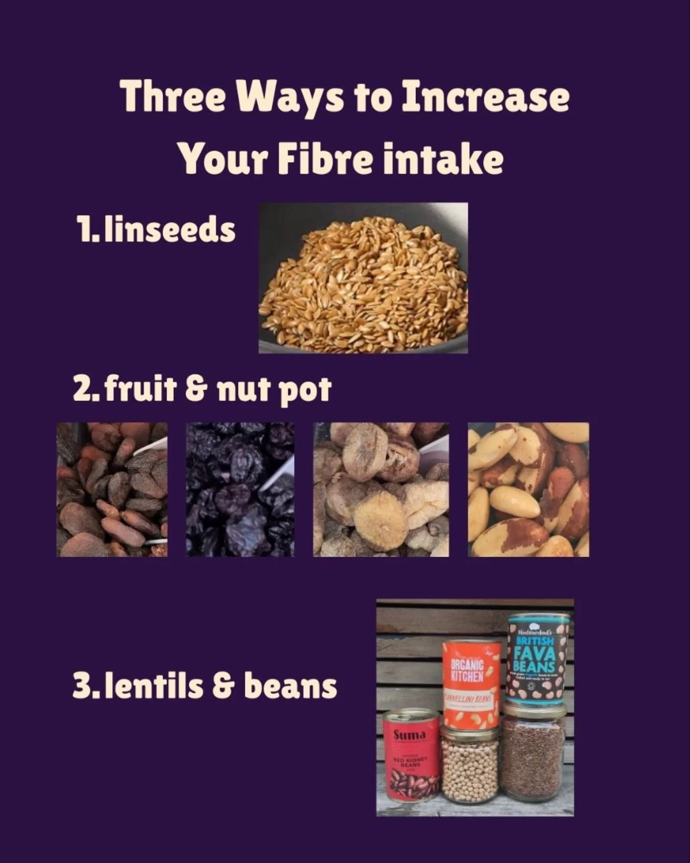 If you are trying to get more fibre in your diet, we have three simple ideas to get you started. 

1. Add linseeds to your breakfast. 
Start with a teaspoon and work up to a tablespoon. 
To get the best bioavailability your linseeds should be soaked 