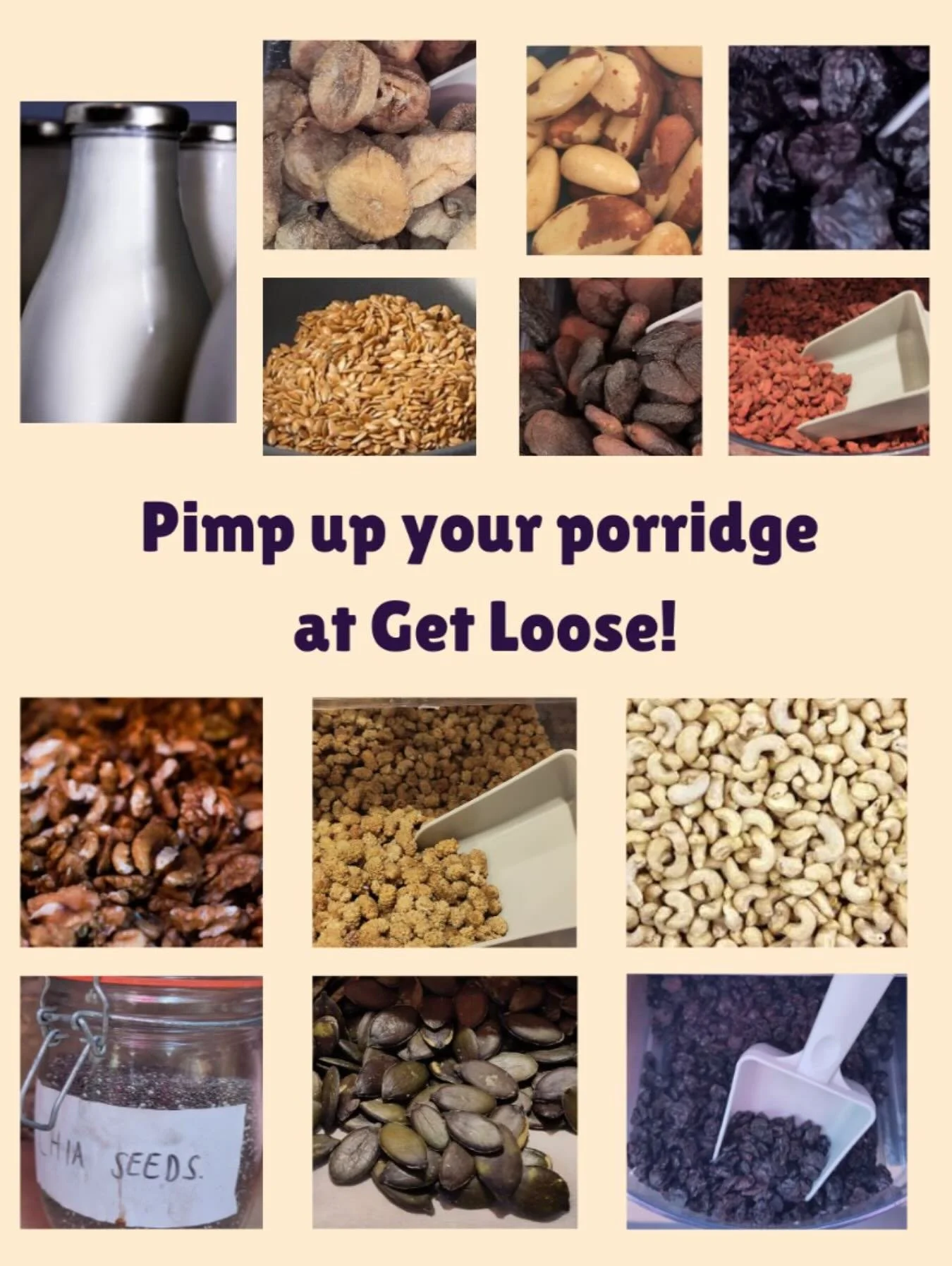 Pimp your porridge 🥣 we love a warm breakfast in winter. 

SO many topping options to choose from (only a few are pictured here), or have them all at once 😋, breakfast will never be boring. Plus this helps you get more fibre, a wider range of plant