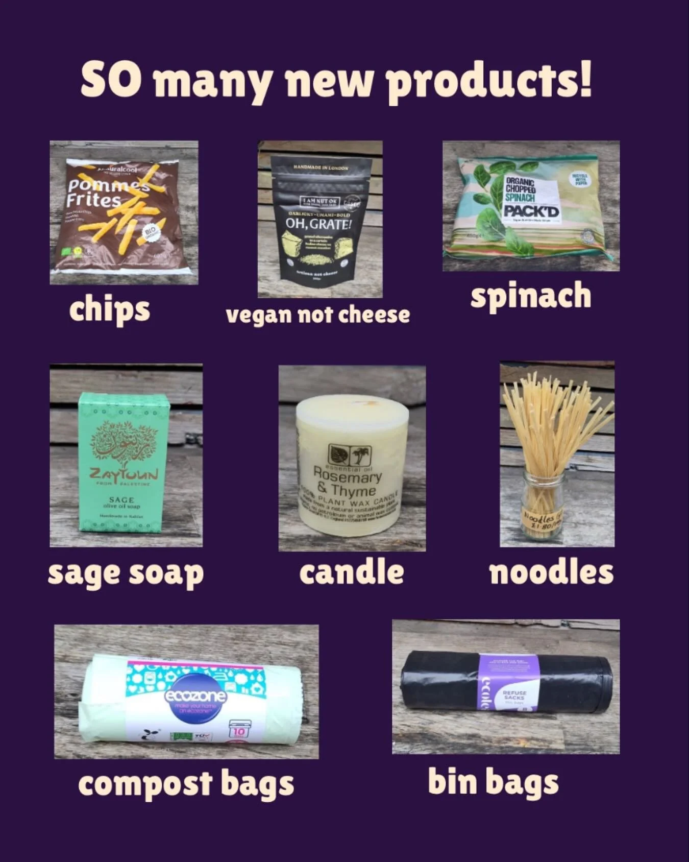 So many new products, quite and eclectic selection, but you wouldn&rsquo;t expect anything less from us. 
Frozen chips 
@iamnutok grated hard Italian style not cheese
@_packdco frozen spinach
@zaytoun_cic sage soap
Rosemary &amp; thyme plant based ca