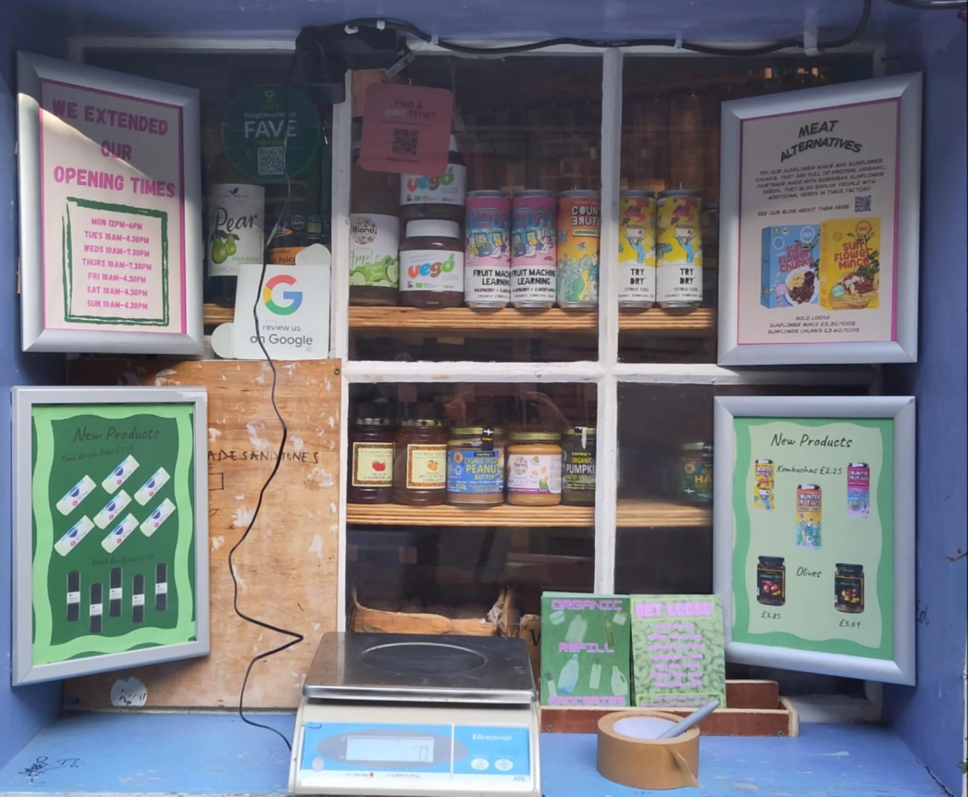 We have new posters by the outside scales. 
These show customers new products, and shop news. 
We have also reclaimed the windows from stickers! Very happy how much smarter and inviting it looks. 

#shopimprovements #newproducts #organicfood #sustain