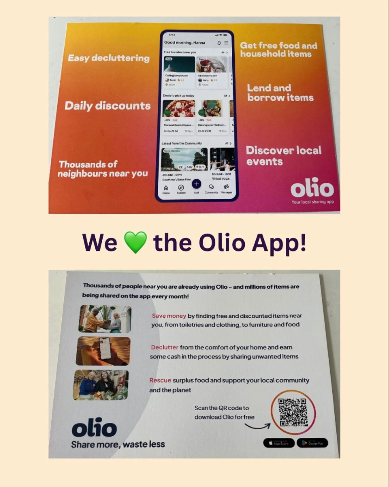 We love @olio.app the local community sharing app, helping people reduce waste and save money. 

We share our delivery boxes on the app, helping people who are moving, storing or no dig gardening. 

But Olio also has food, craft, DIY, kitchen, househ