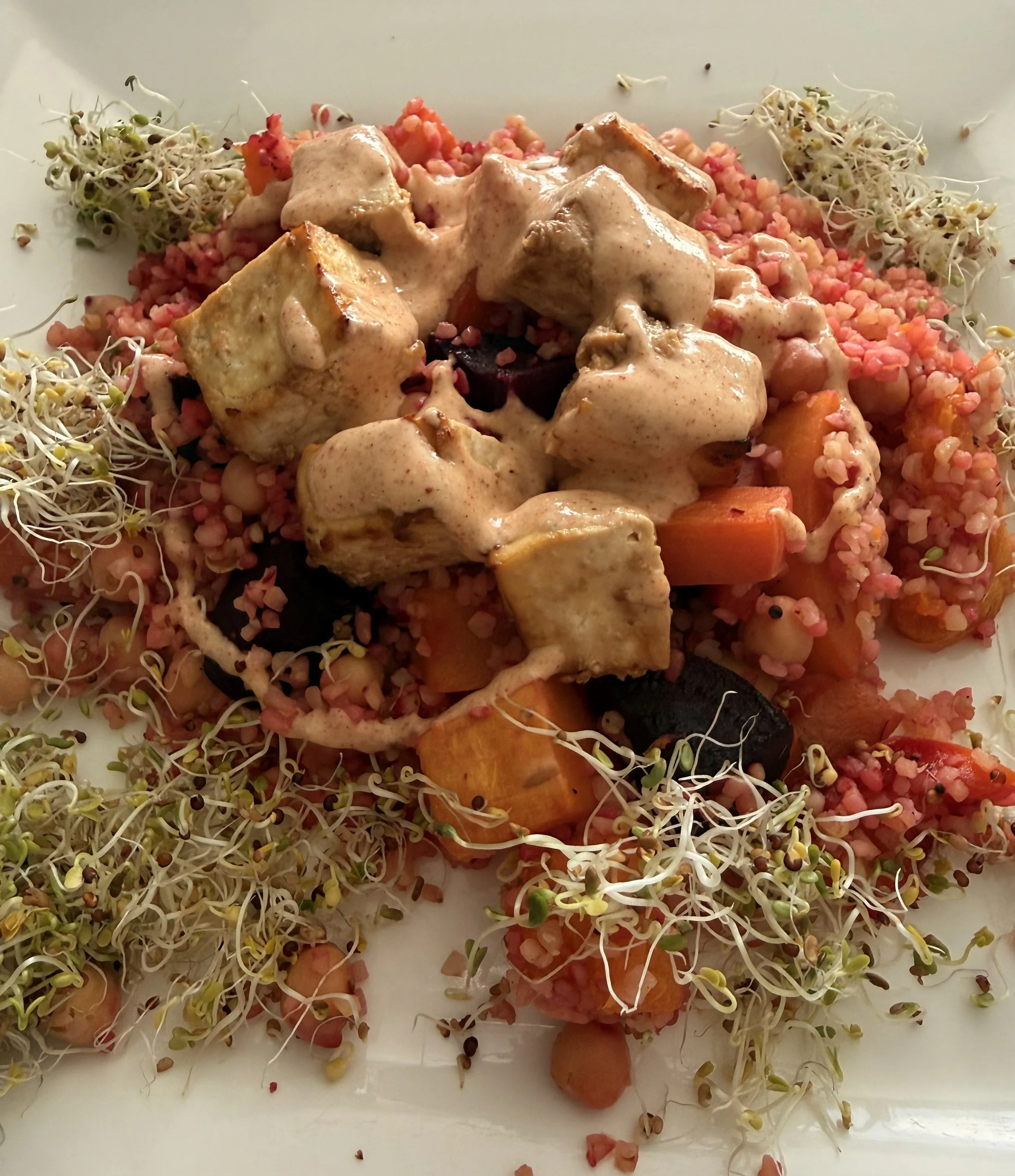 Bulgar Wheat, Tofu, Roasted Vegetables