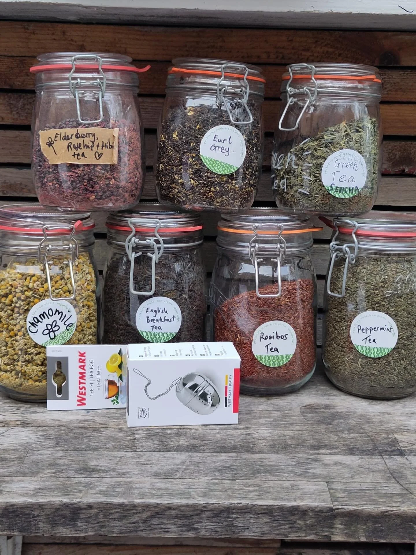 Do you love tea? 
We have a range of loose organic teas; English Breakfast, Rooibos, Peppermint, Camomile, Earl Grey, Green, Elderberry, Rosehip &amp; Hibiscus. 
You can buy a small amount to try or stock up.
Plus we now stock a tea egg. Perfect for 