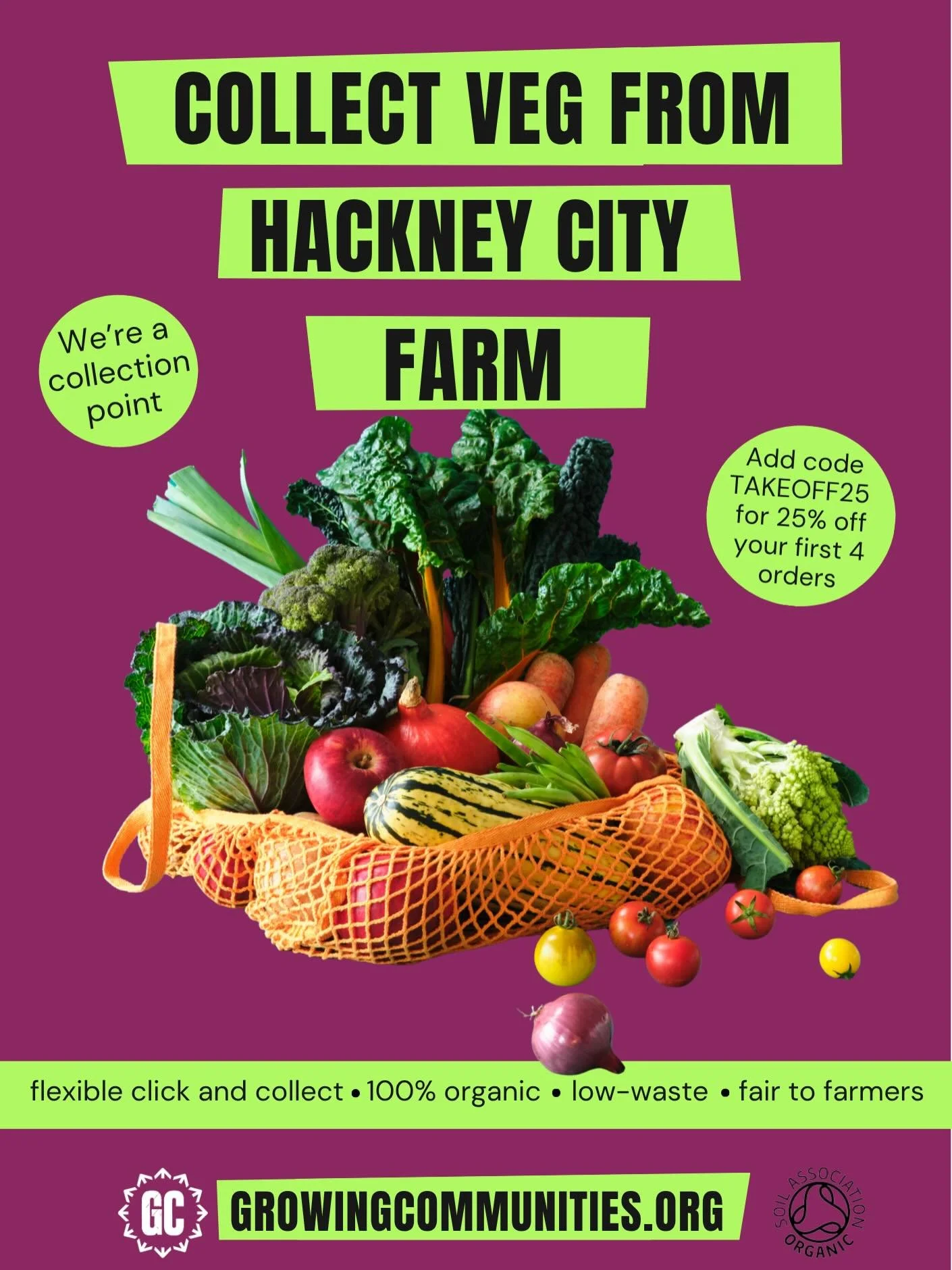 Keen to get your hands on the tastiest fruit and veg in town? 
@growingcommunities have an organic fruit and veg box collection point just outside Get Loose at @hackneycityfarm_official . New members get 25% off their first month with the code TAKEOF