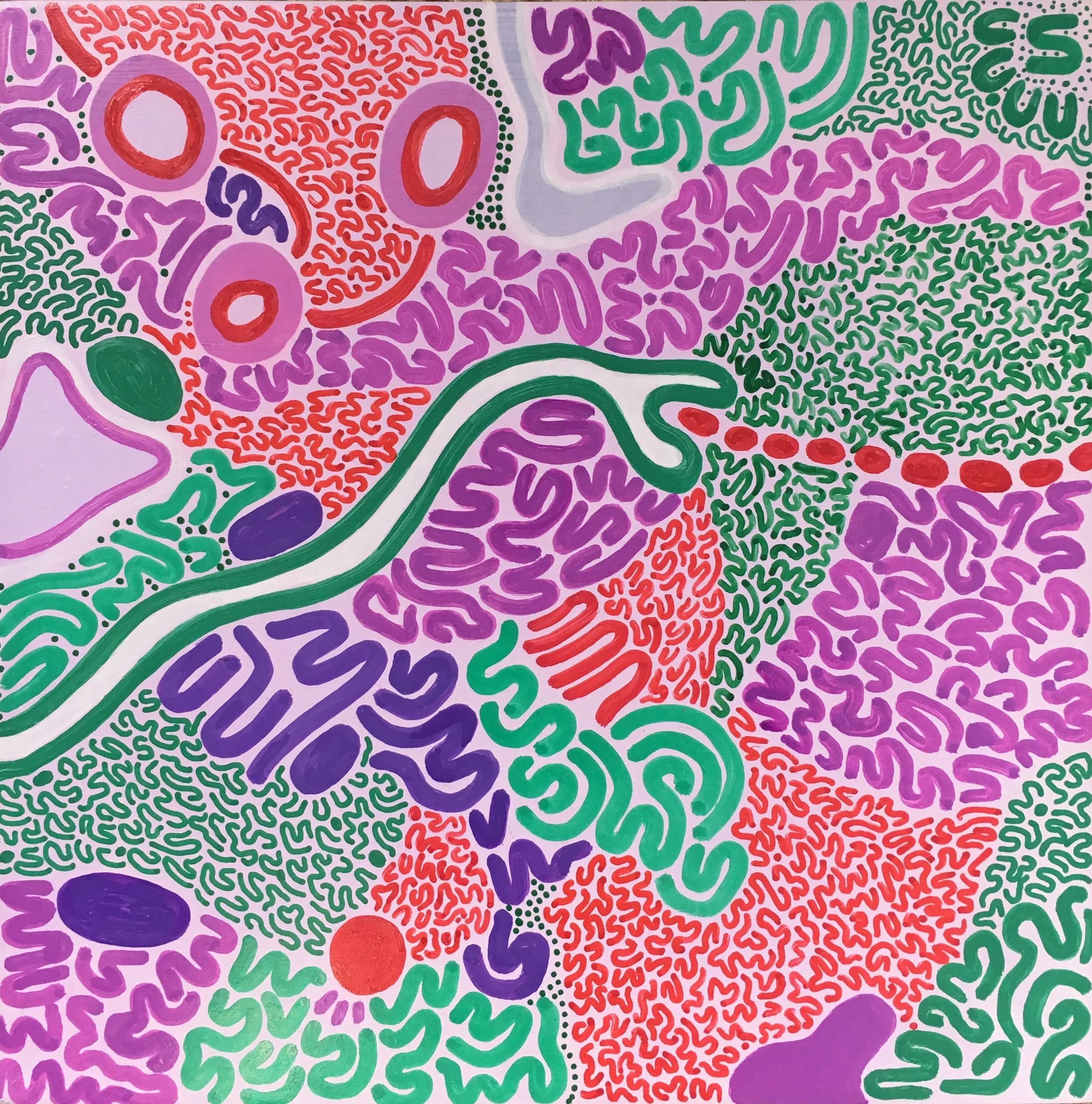 bounce 2019 oil pens, acrylic, mean streak, on wood panel