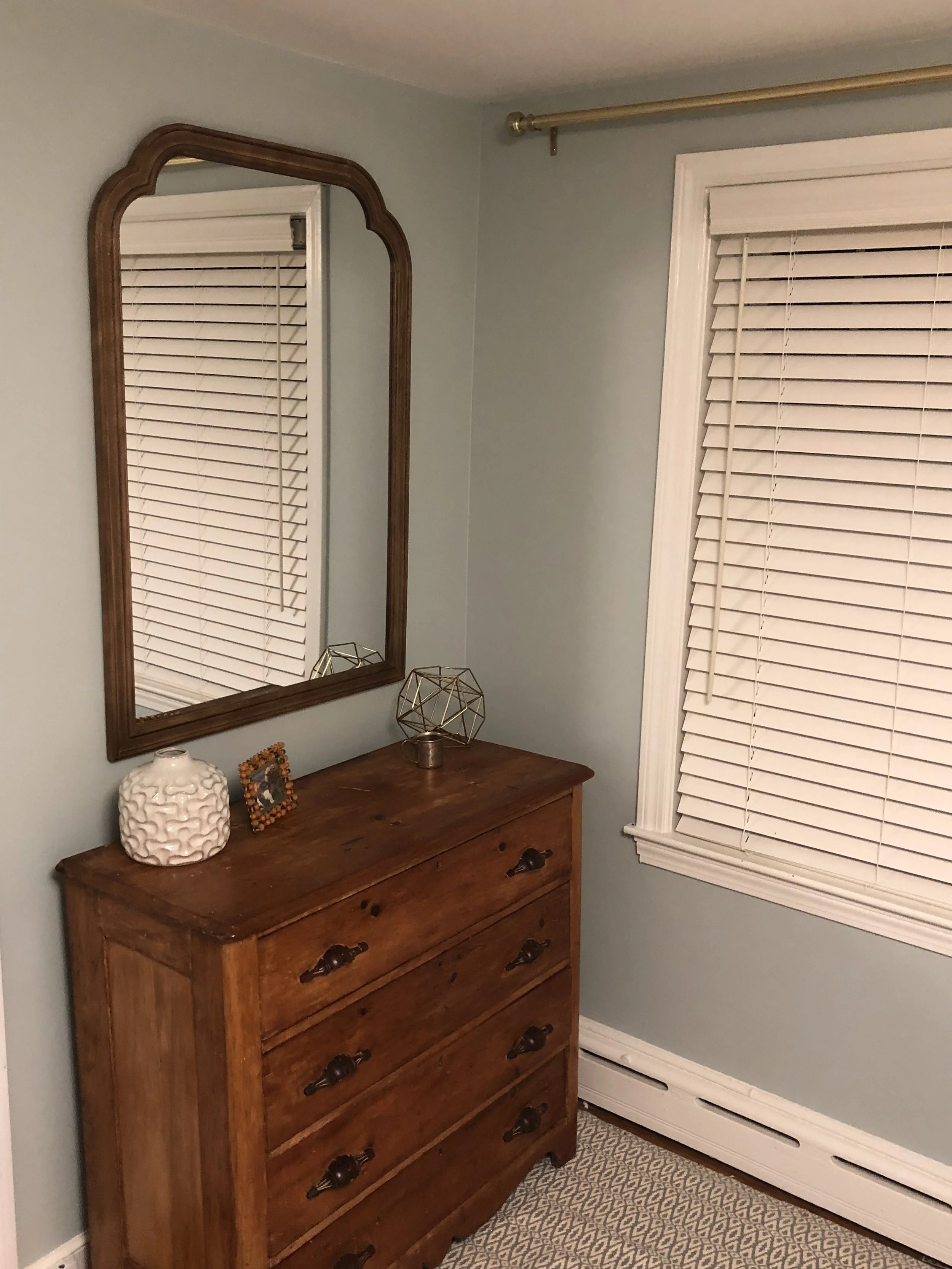 Still missing curtains but LOVING this early 1800’s dresser!