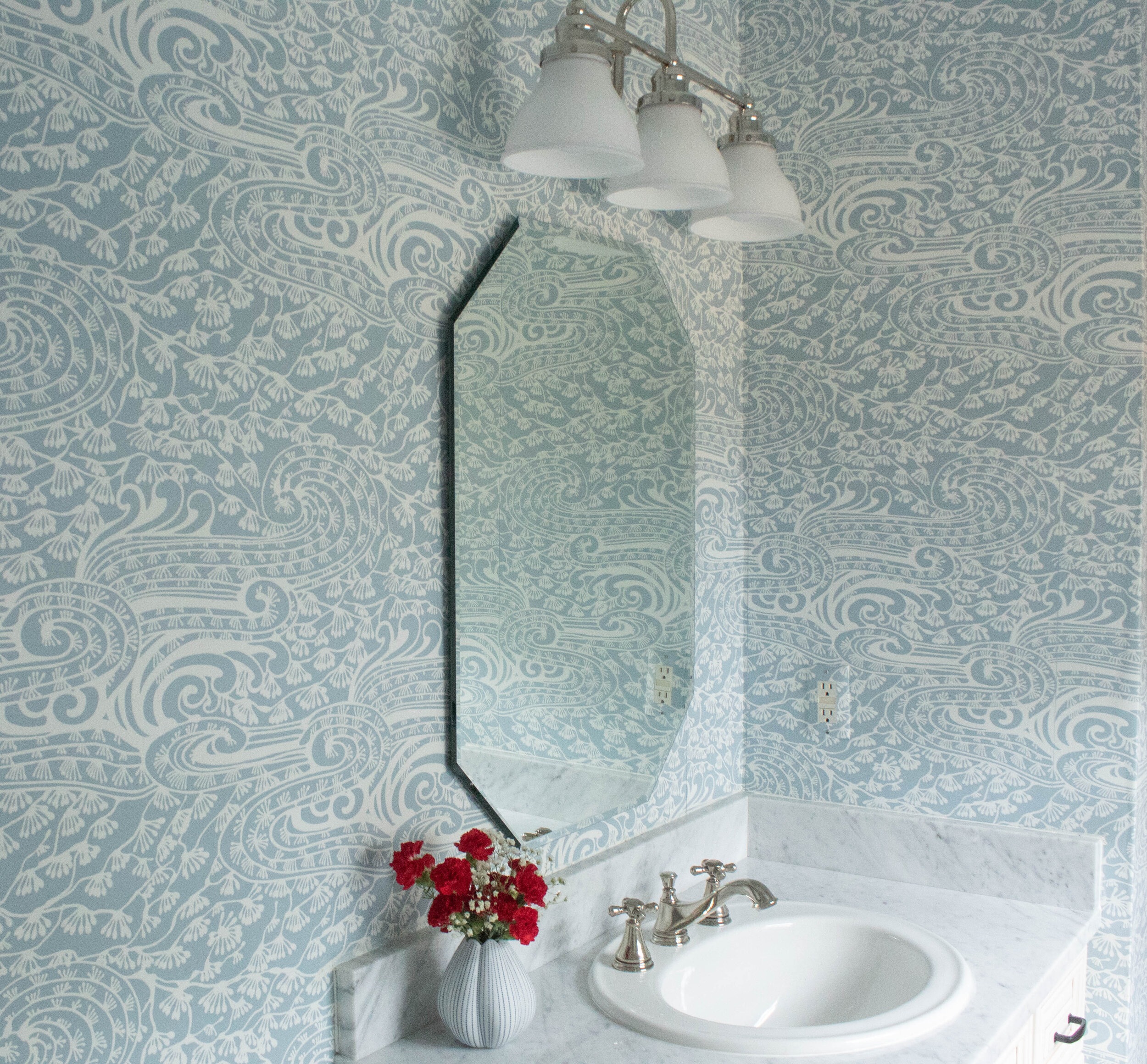 Wallpapered guest bathroom