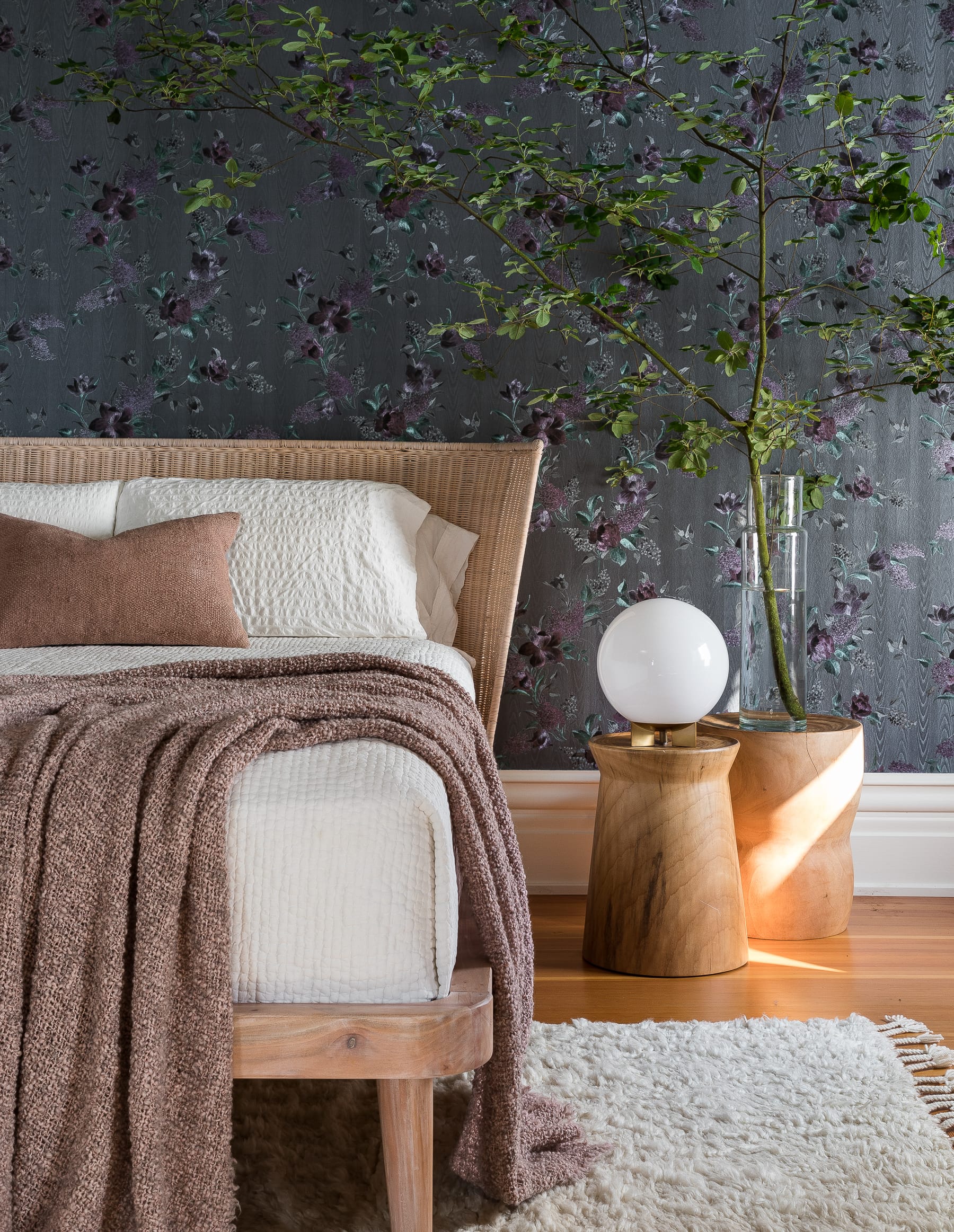 Dark floral wallpaper in bedroom