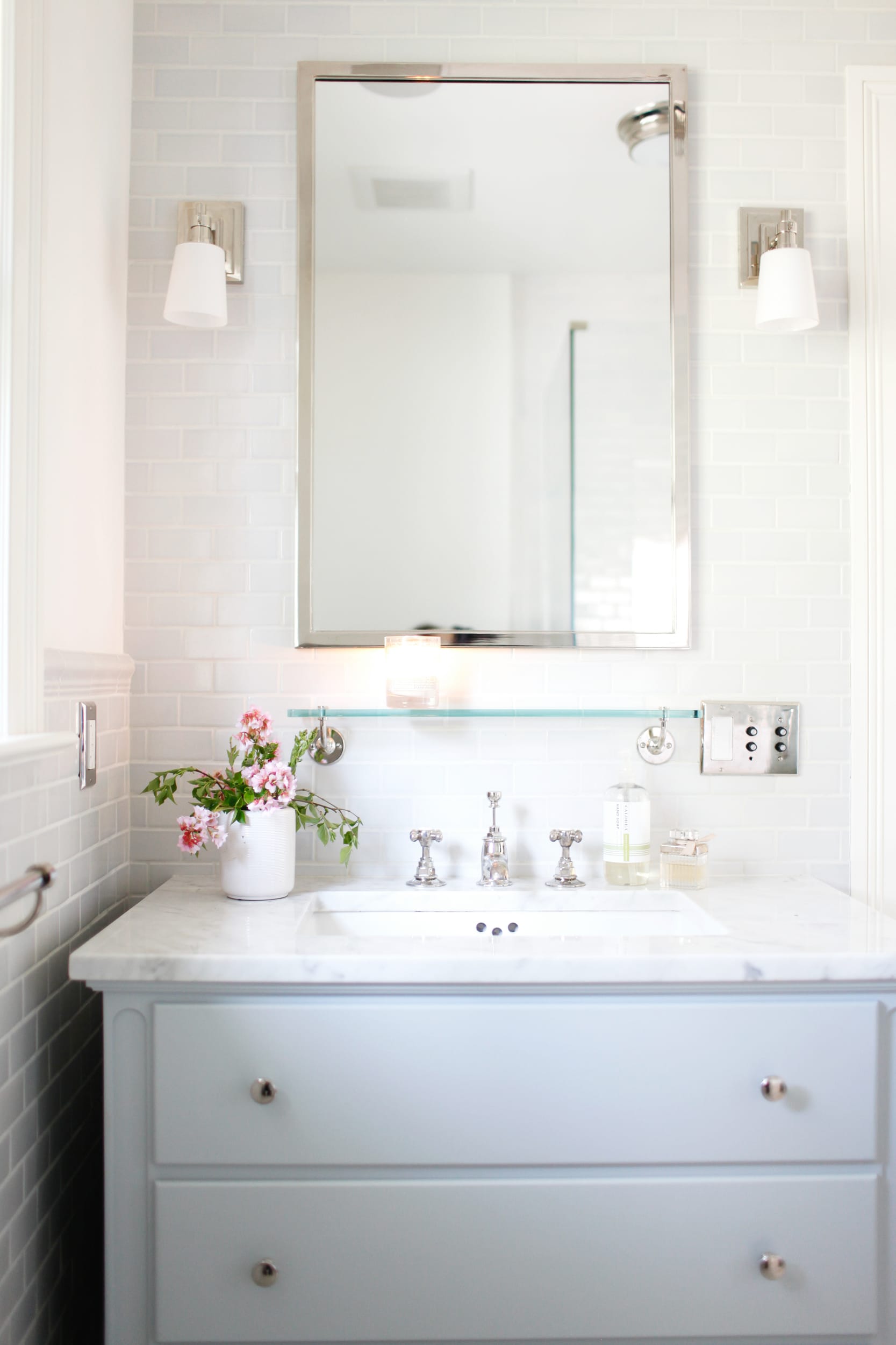 Layered white bathroom vanity