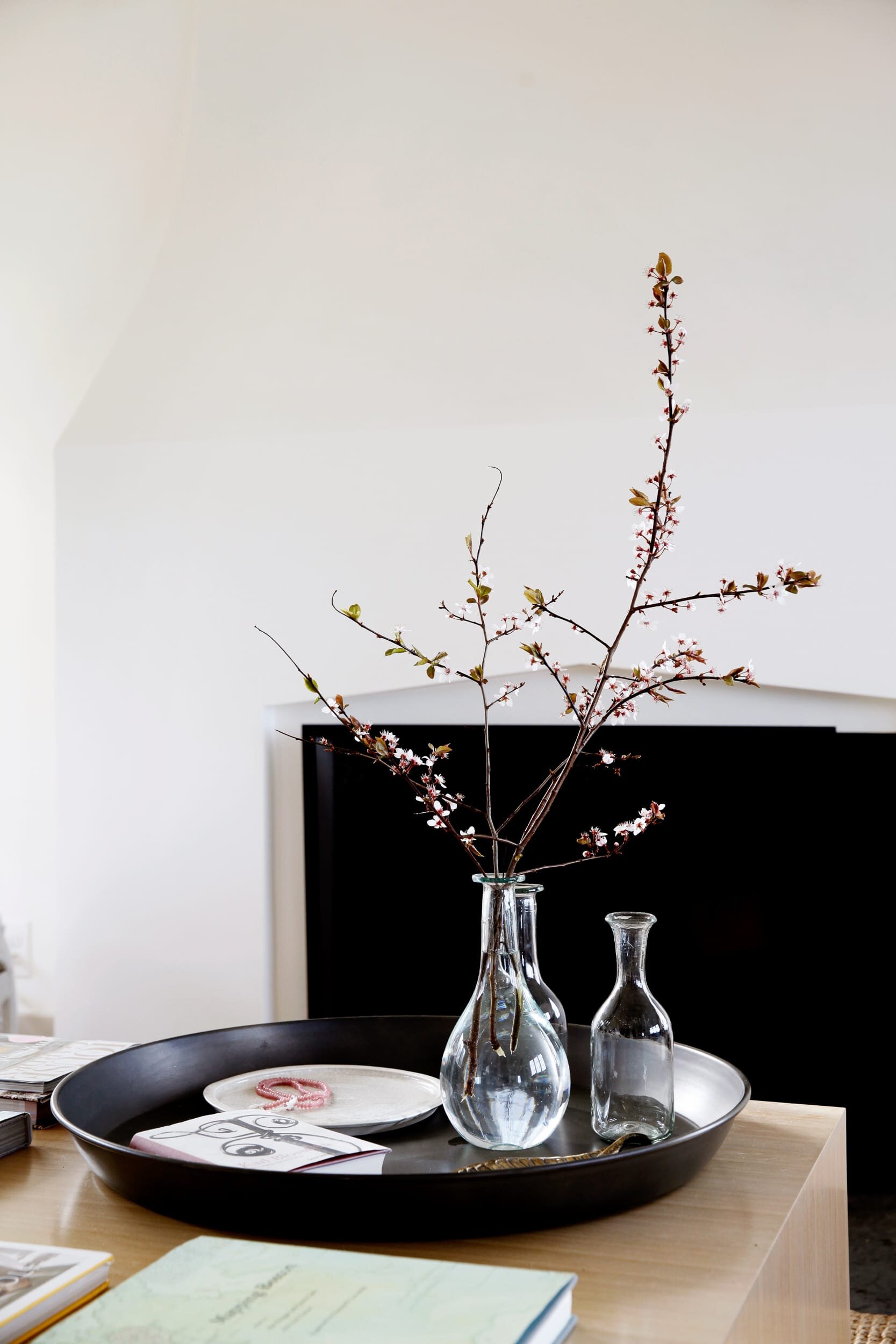 Branches in glass vase on coffee table