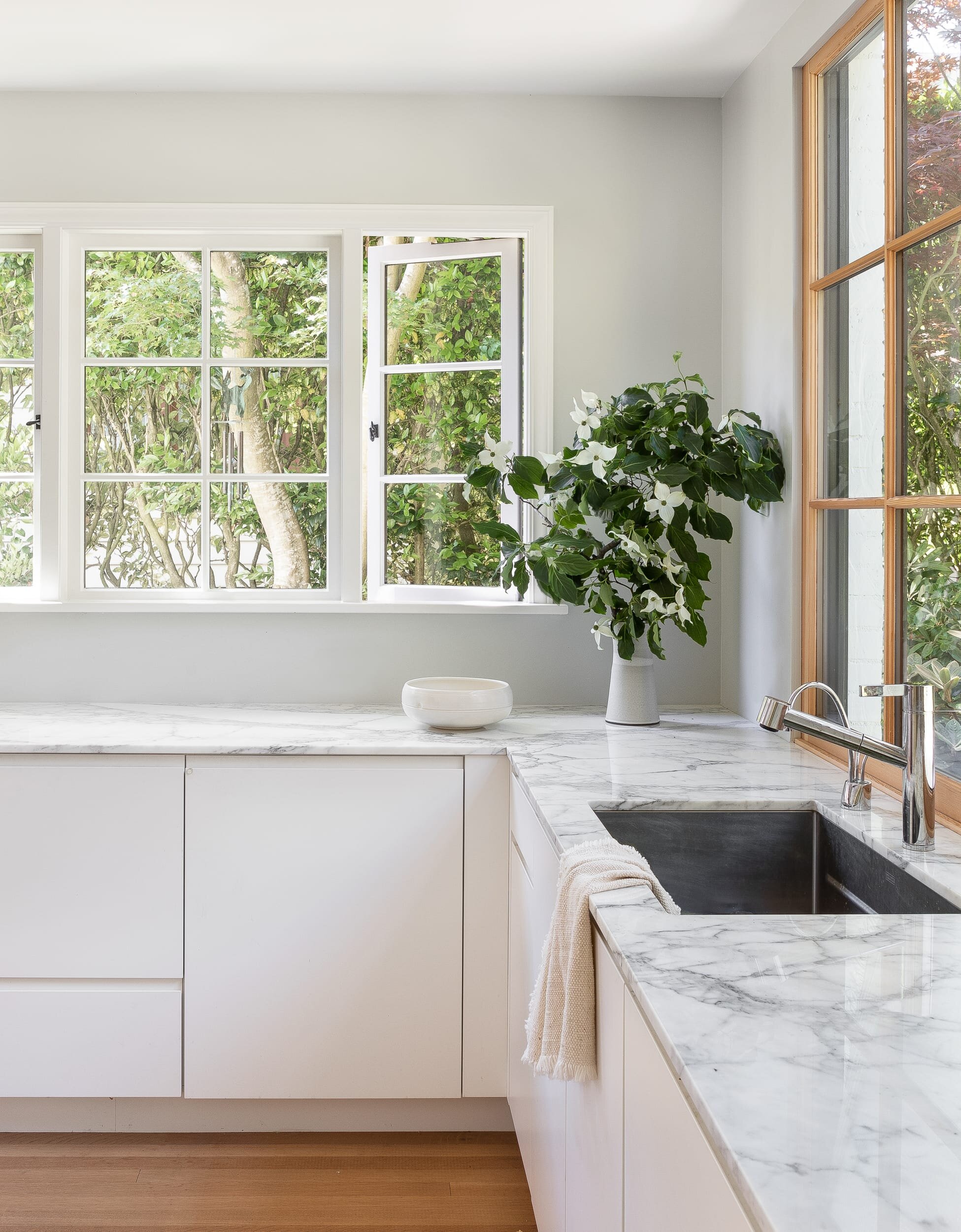 white marble countertops in kitchen remodel