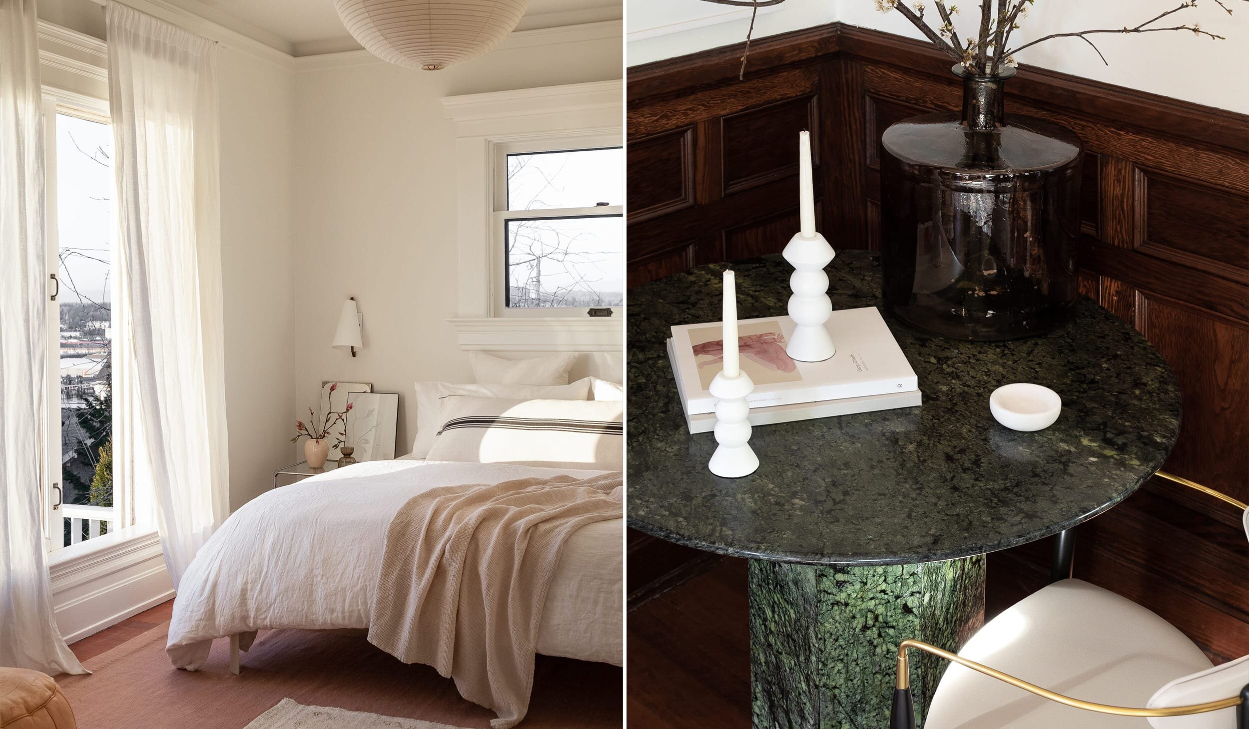 Designer bedroom with jade corner table and fine wood trim