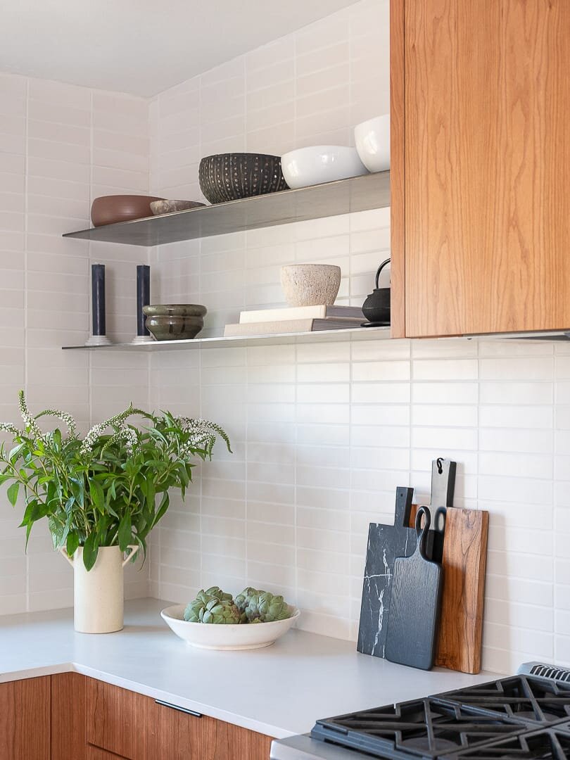 open shelving in remodeled kitchen