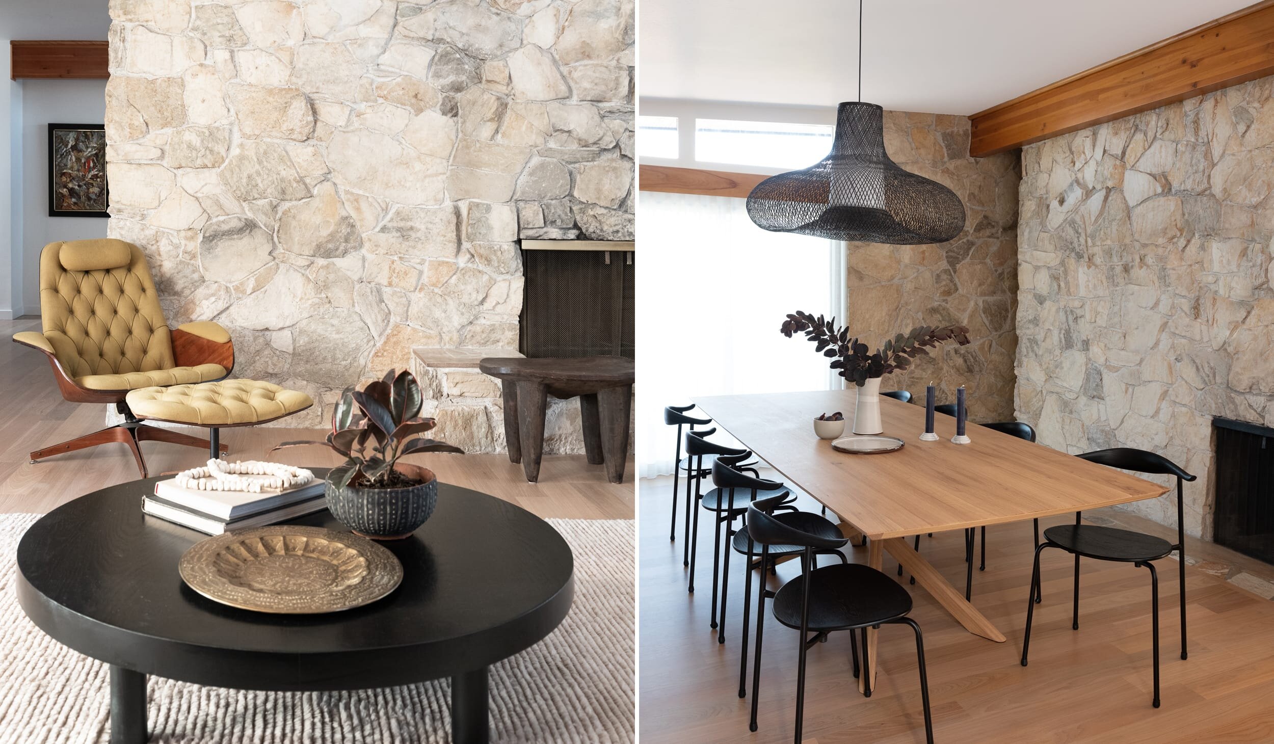 matching living room and dining room with stone walls in custom house