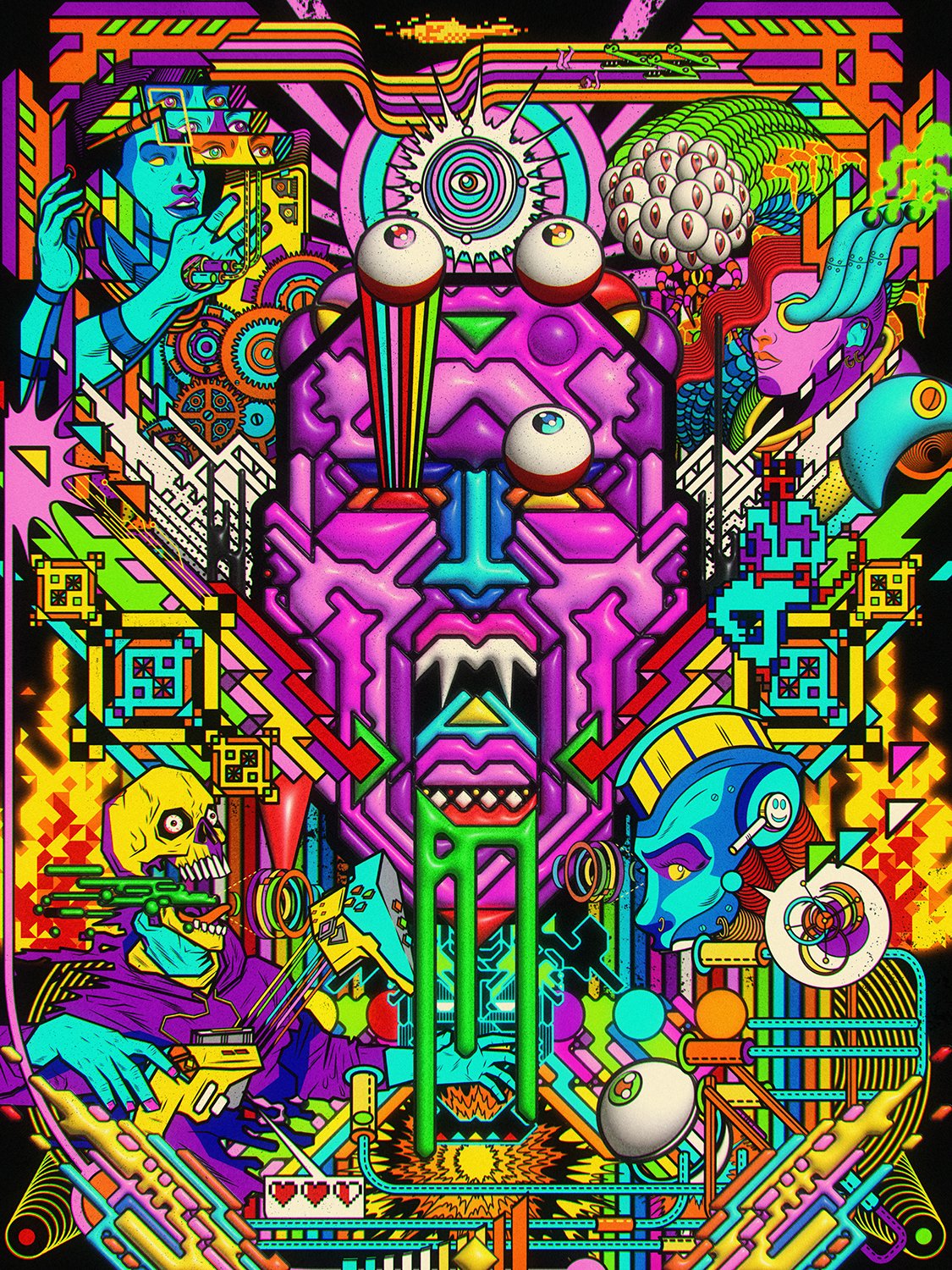 illustration, illustrator, surreal image of a vampire, also known as a plasmadorfien. There are skulls and people playing video games for some reason. It's very colorful. A beautifully art directed illustration to describe some sort of horror story.