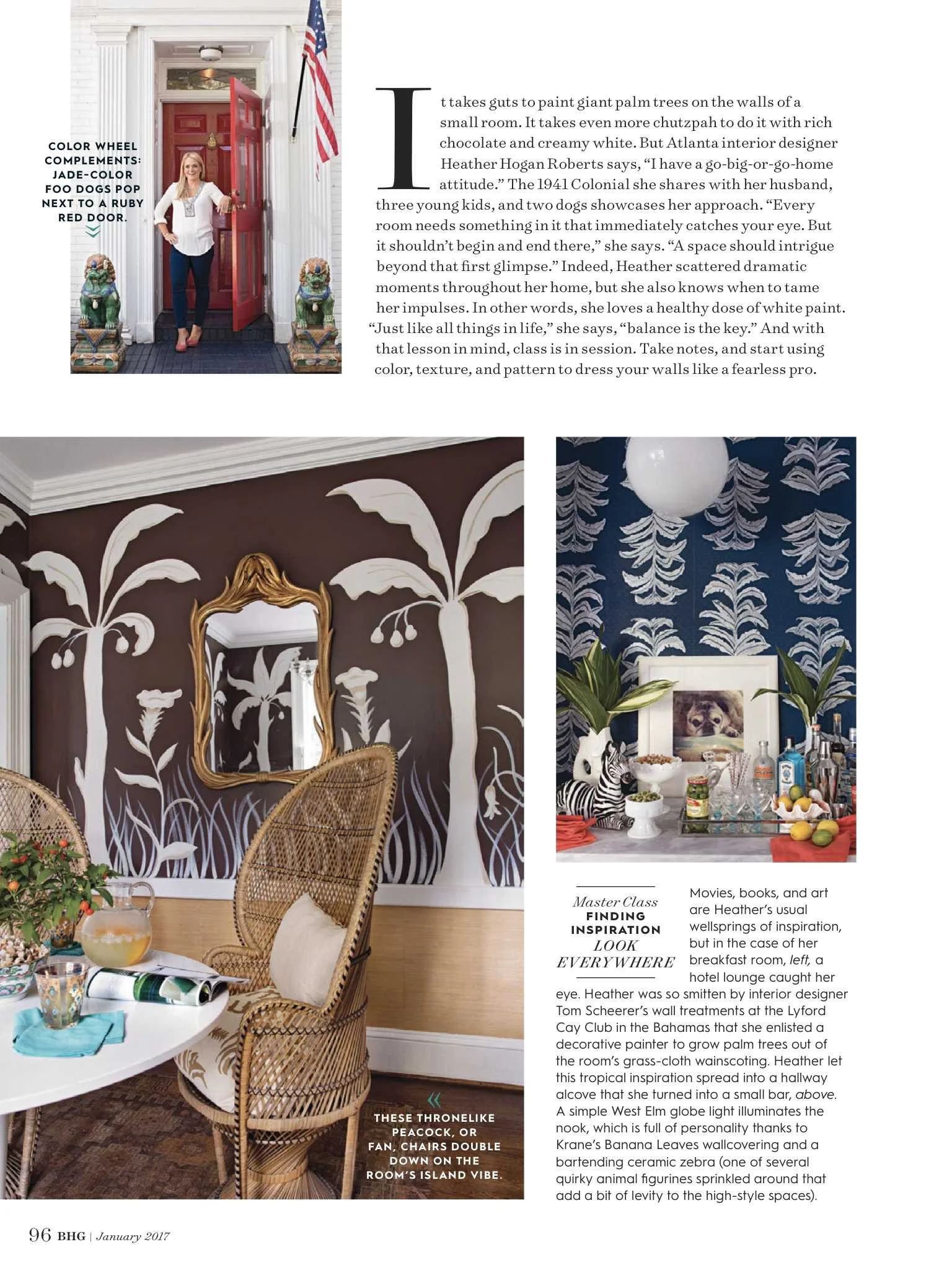 BETTER HOMES & GARDENS, January 2017 Krane Home Banana Leaf in Navy wallpaper featured in Heather Hogan Roberts' home in the January 2017 Better Homes and Gardens