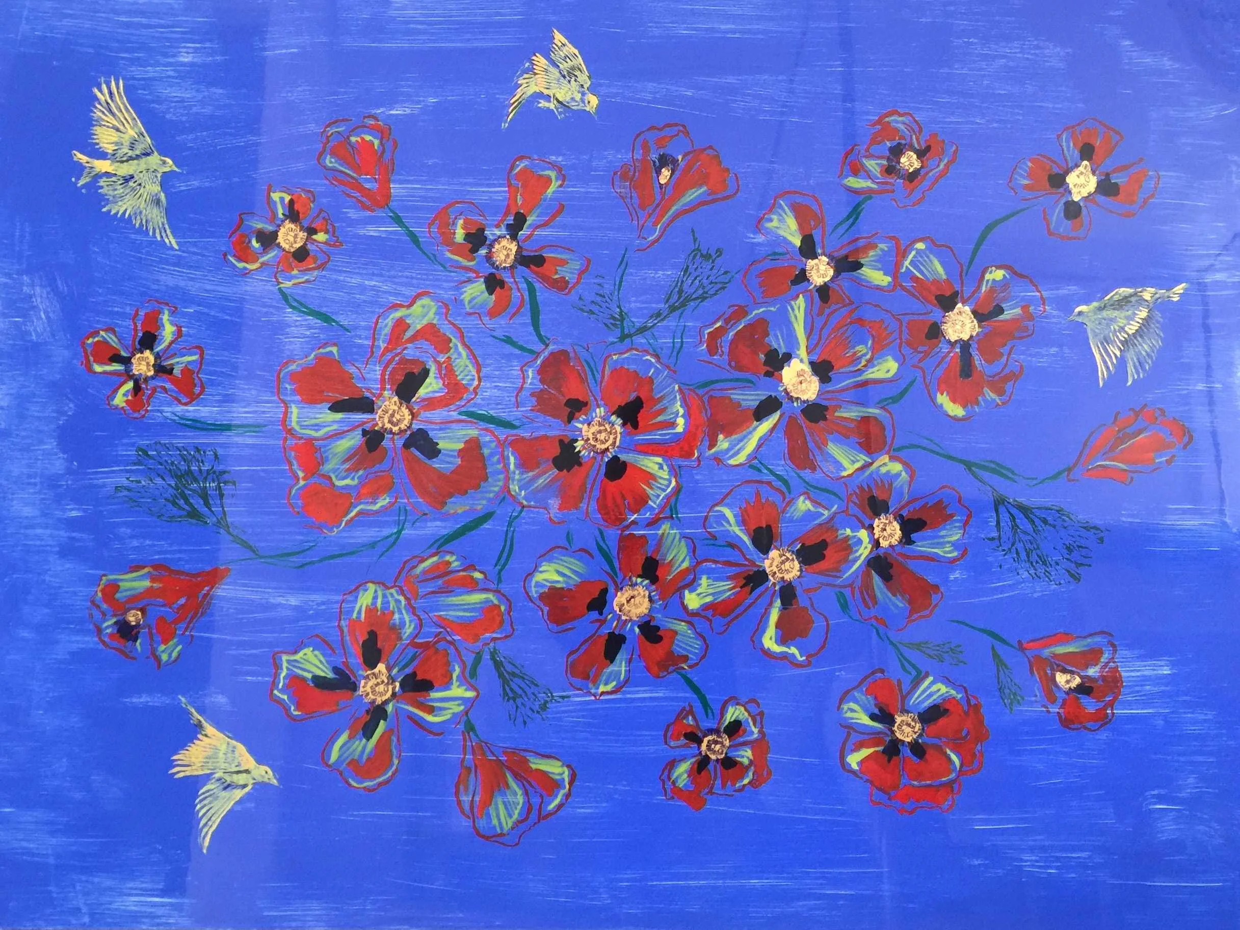"Poppies and Yellow Warblers"