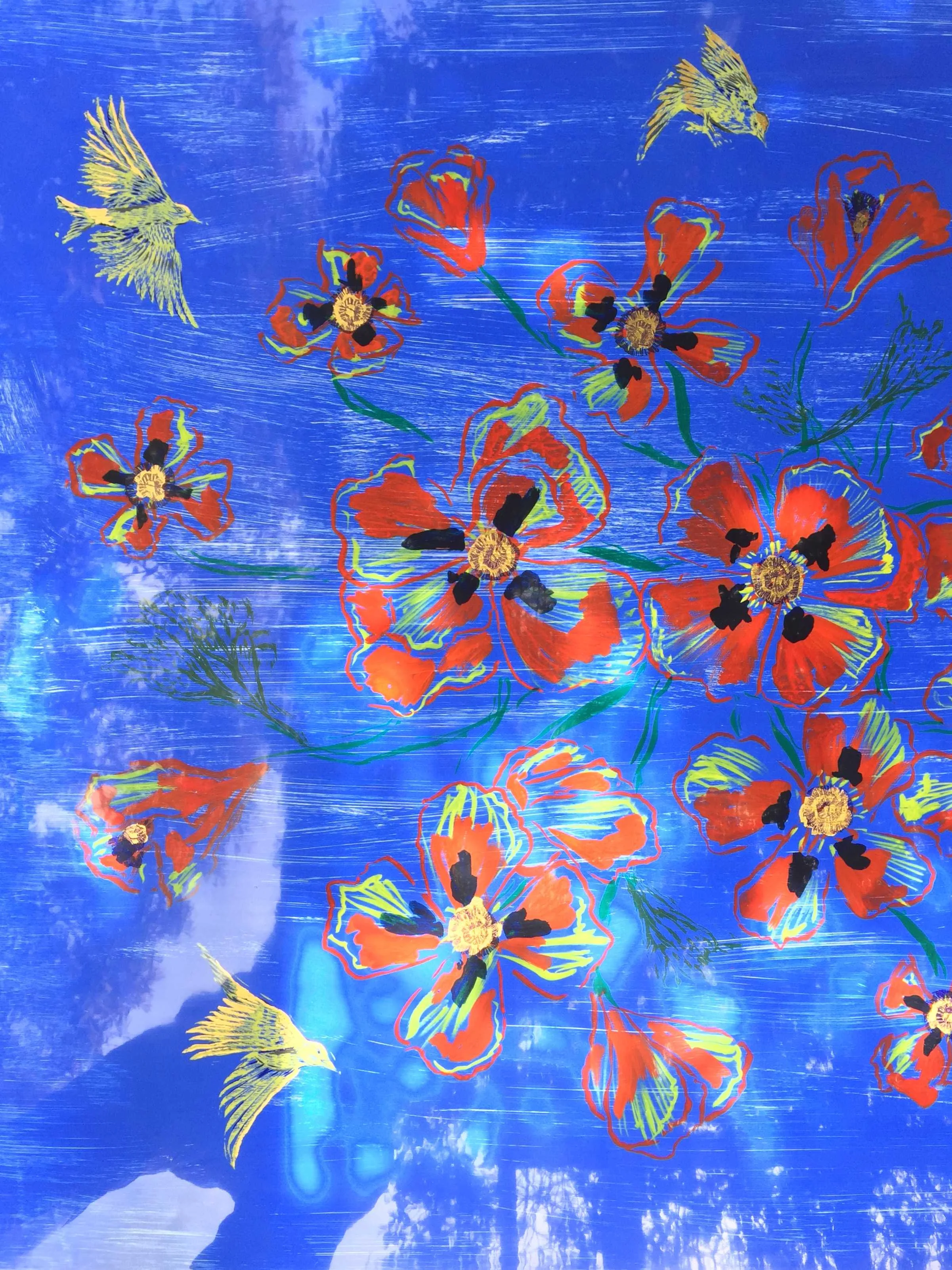 "Poppies and Yellow Warblers"