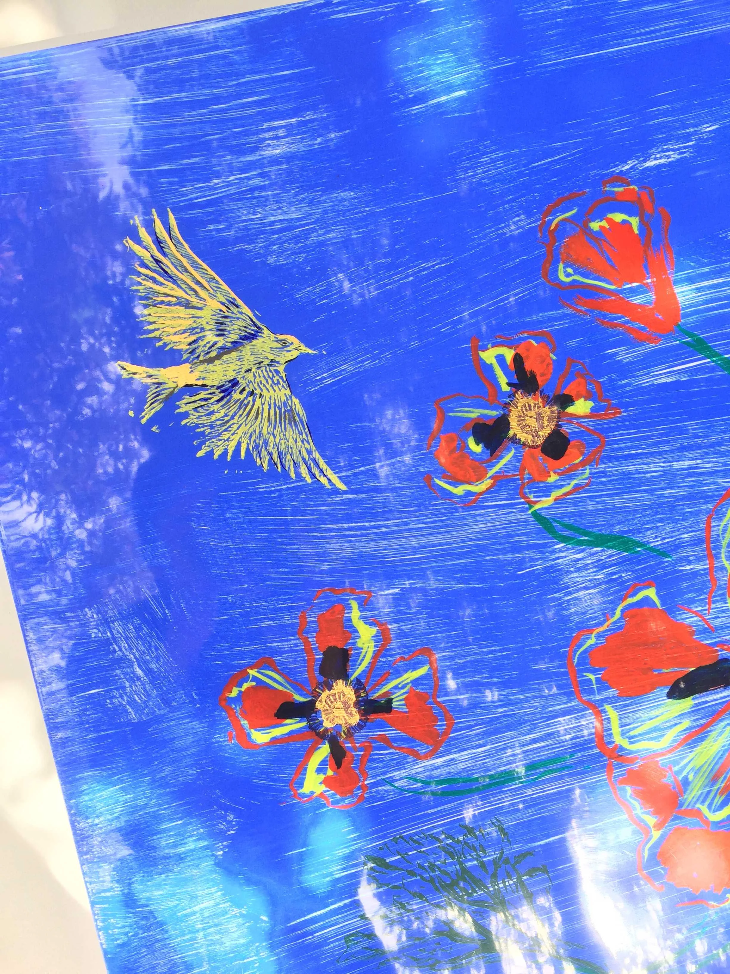 "Poppies and Yellow Warblers"