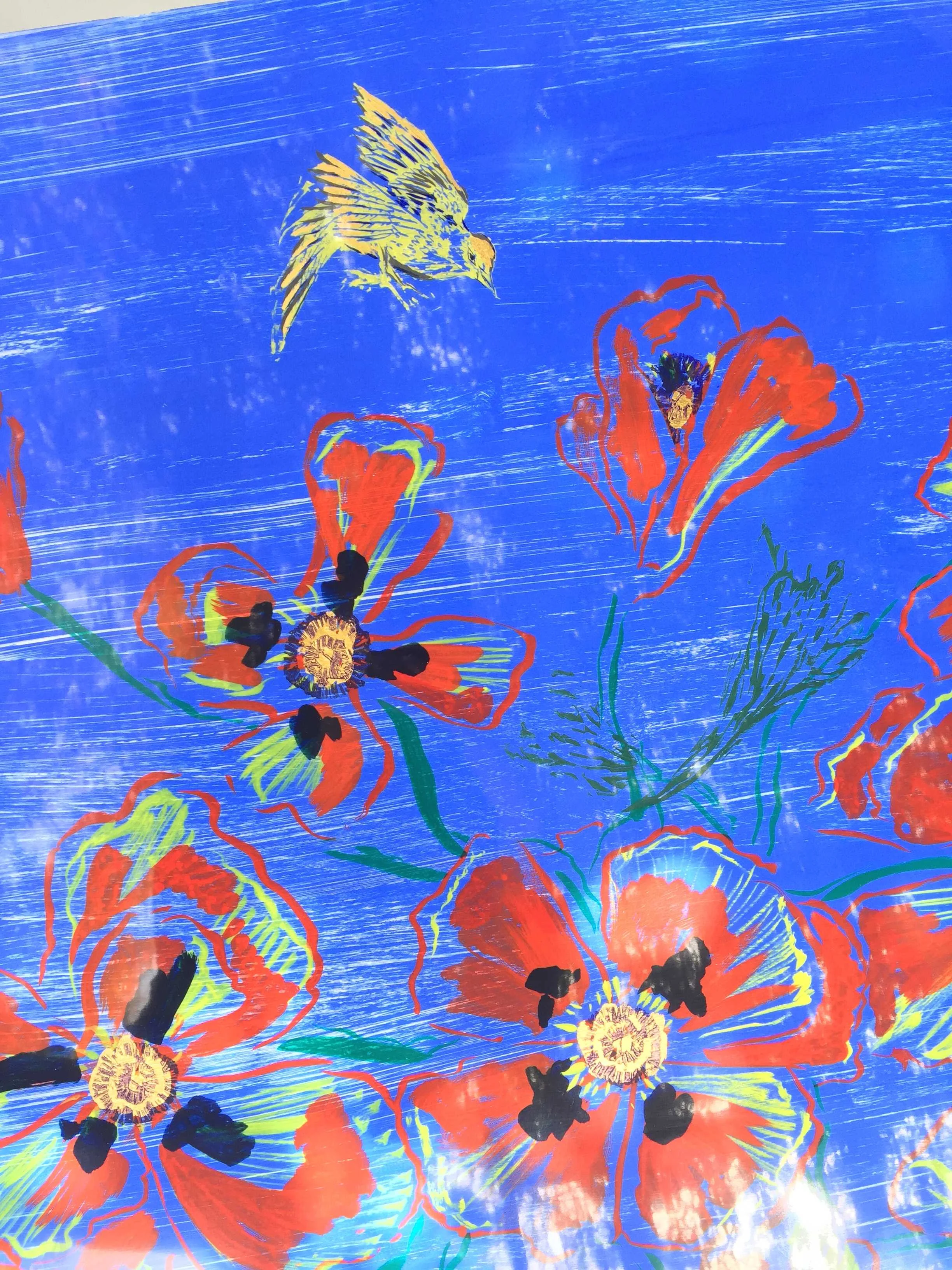 "Poppies and Yellow Warblers"
