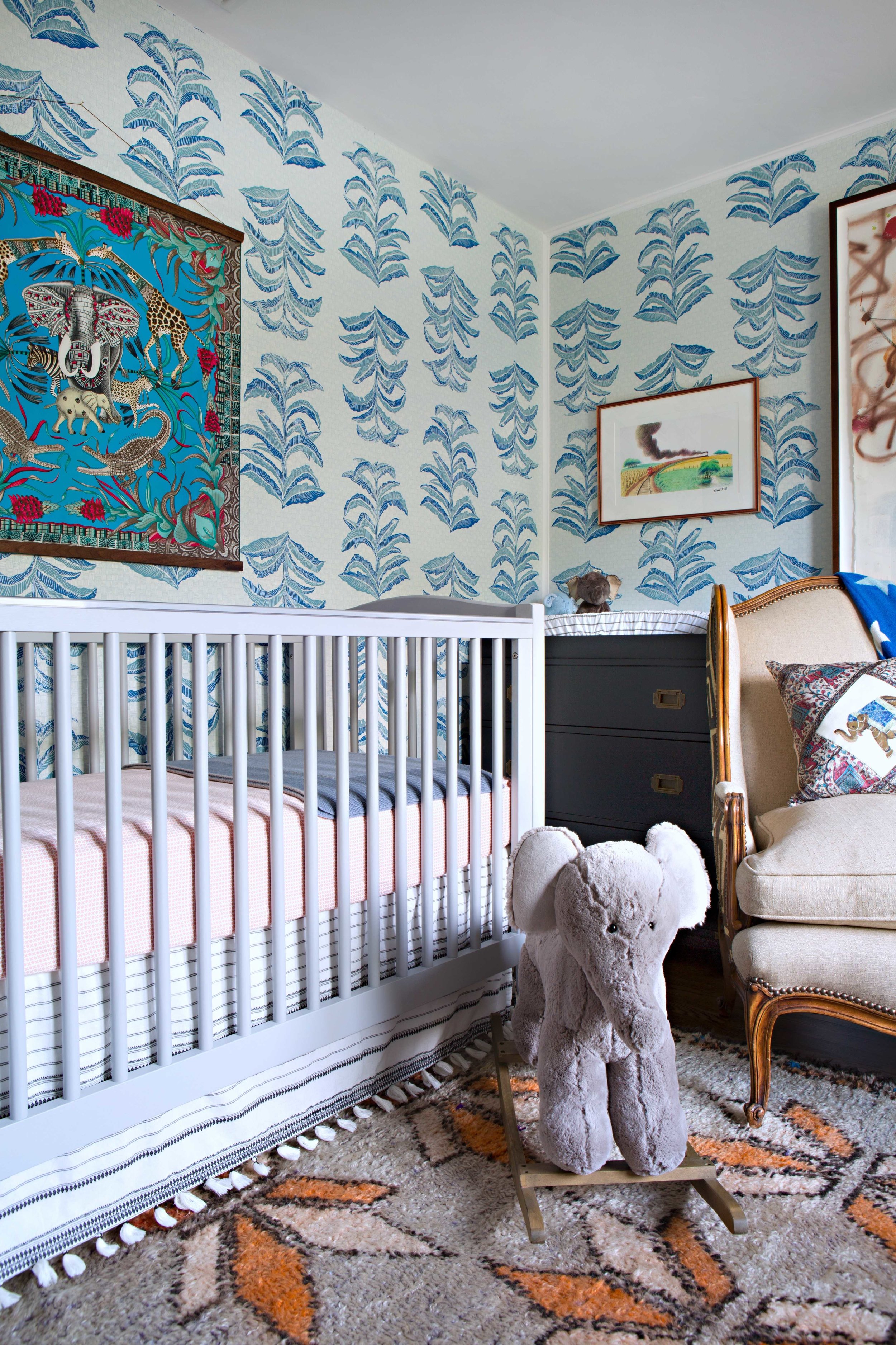 Banana Leaf Wallpaper in Sapphire, Interiors by Sharon Lee, Photo by Karyn Millet
