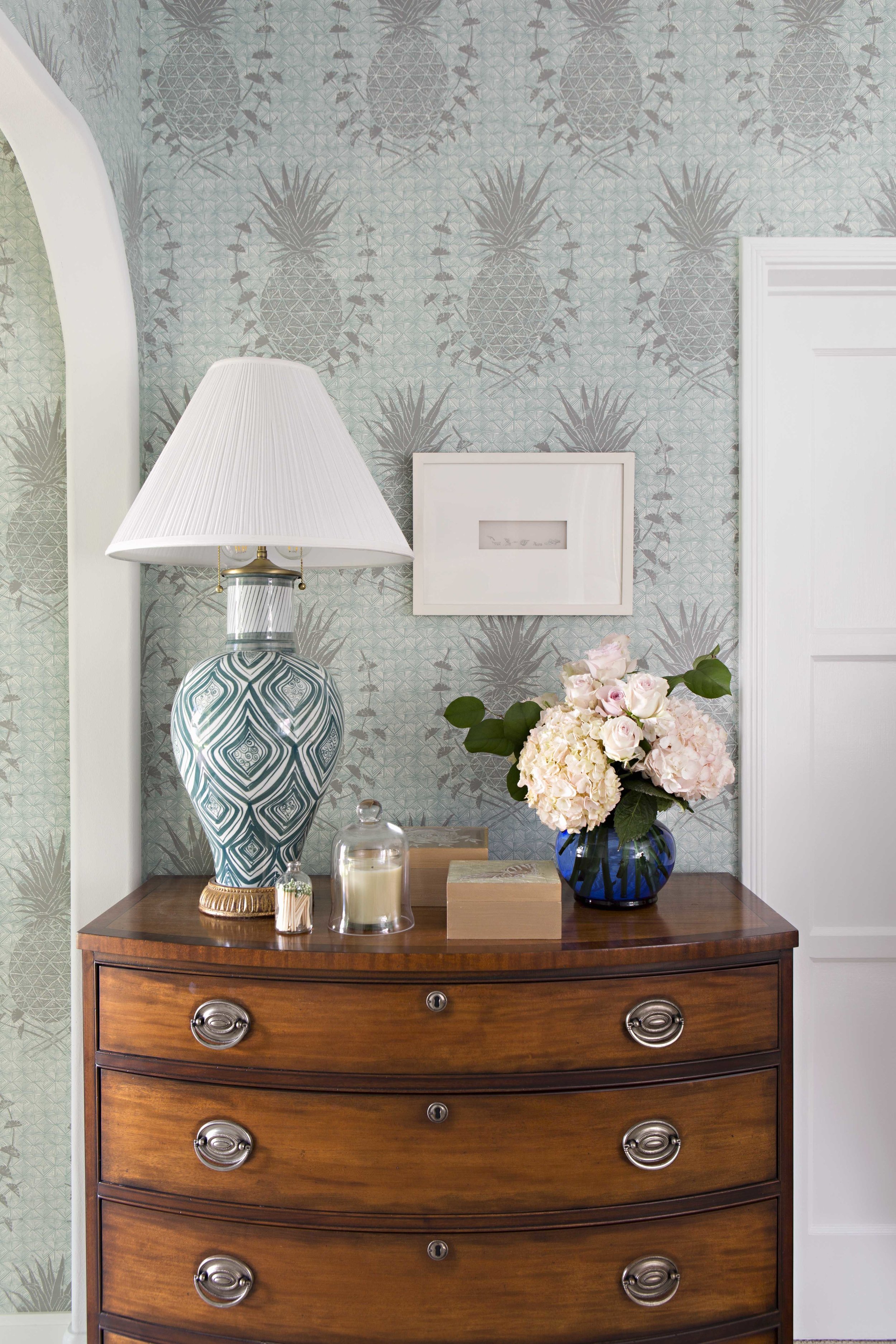 Royal Pineapple Wallpaper in Celadon, Interiors by Sharon Lee, Photo by Karyn Millet