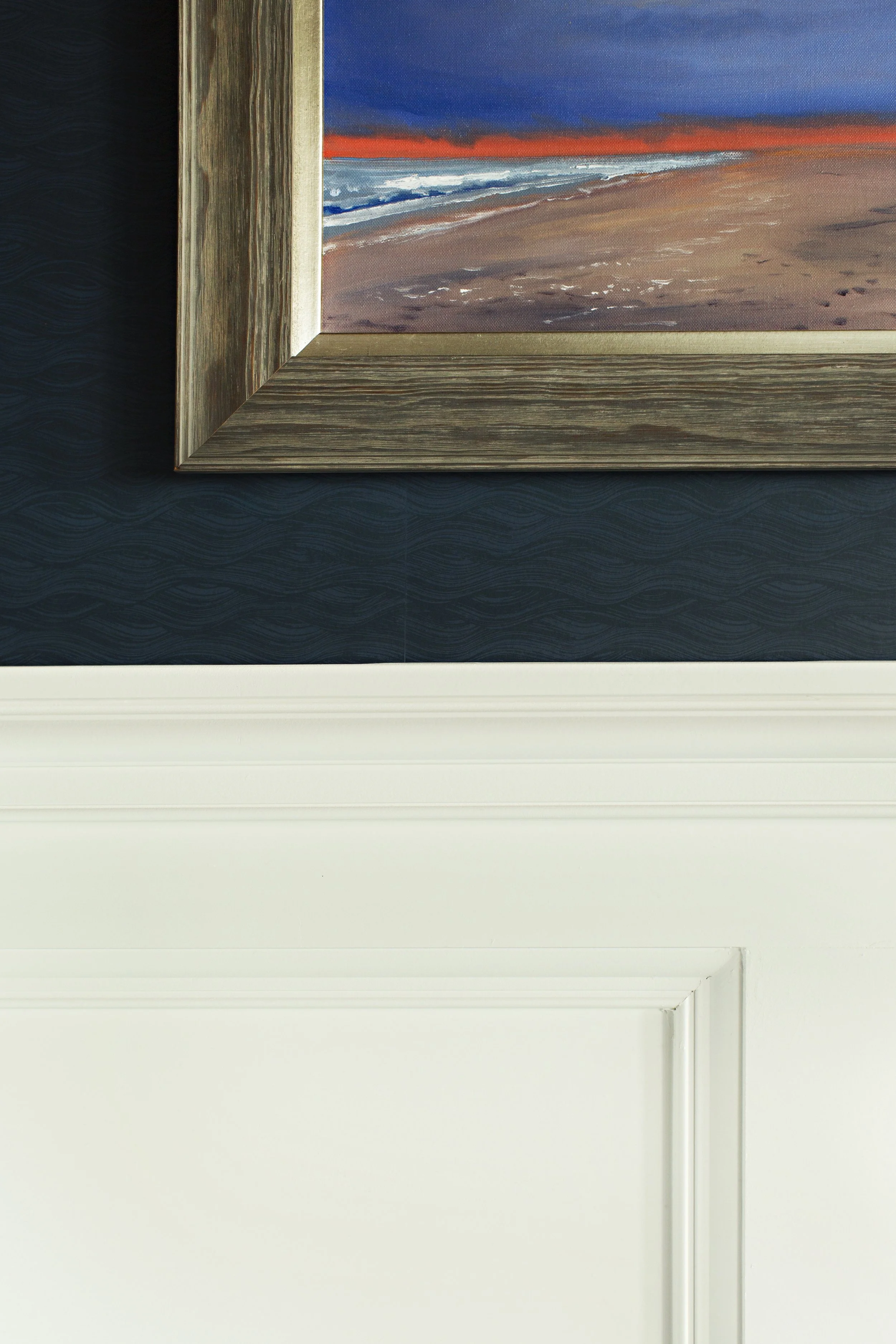 Painted Wave Wallpaper in Custom Navy, Interiors by Lucas Studio Inc., featured in Architectural Digest, Photo by Karyn Millet