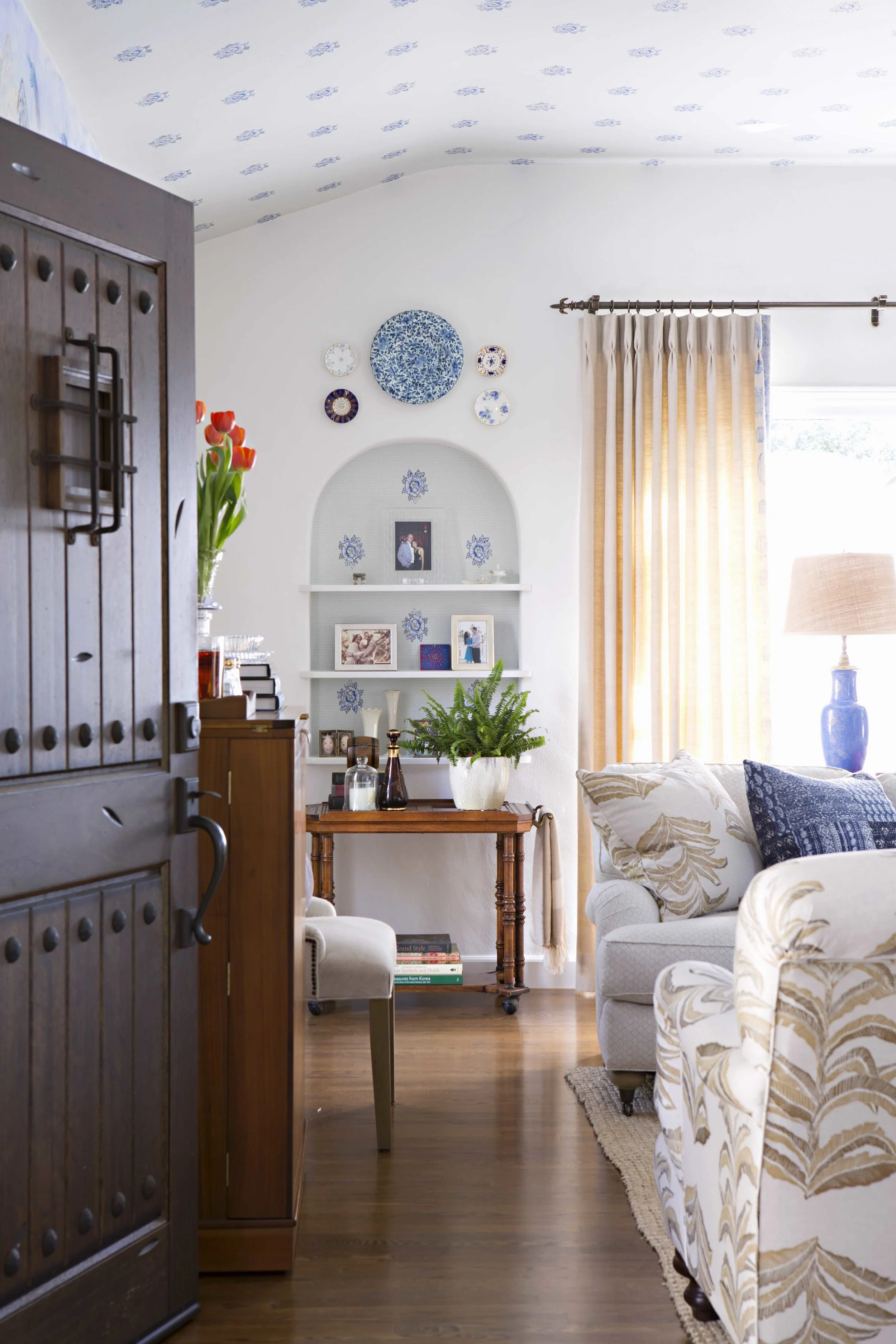 Banana Leaf Fabric in Gold, Interiors by Sharon Lee, Featured in House Beautiful, Photo by Karyn Millet