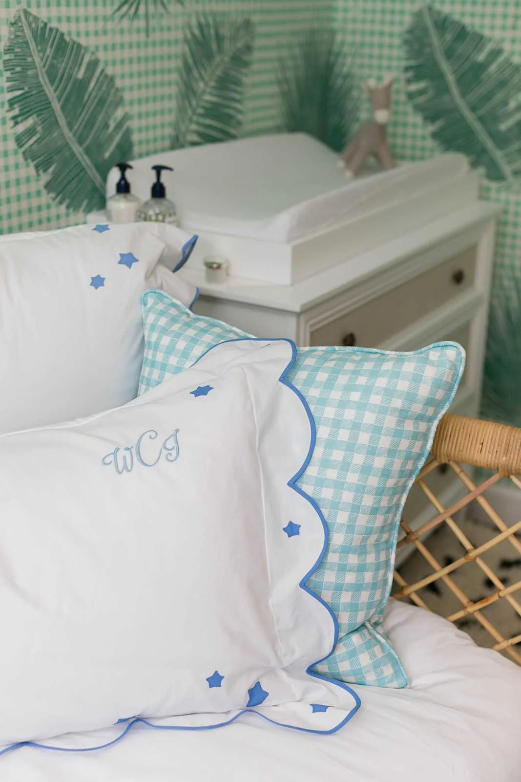 Block Print Gingham Pillow in Light Blue, Interiors by Sharon Lee, Photo by Mekina Saylor