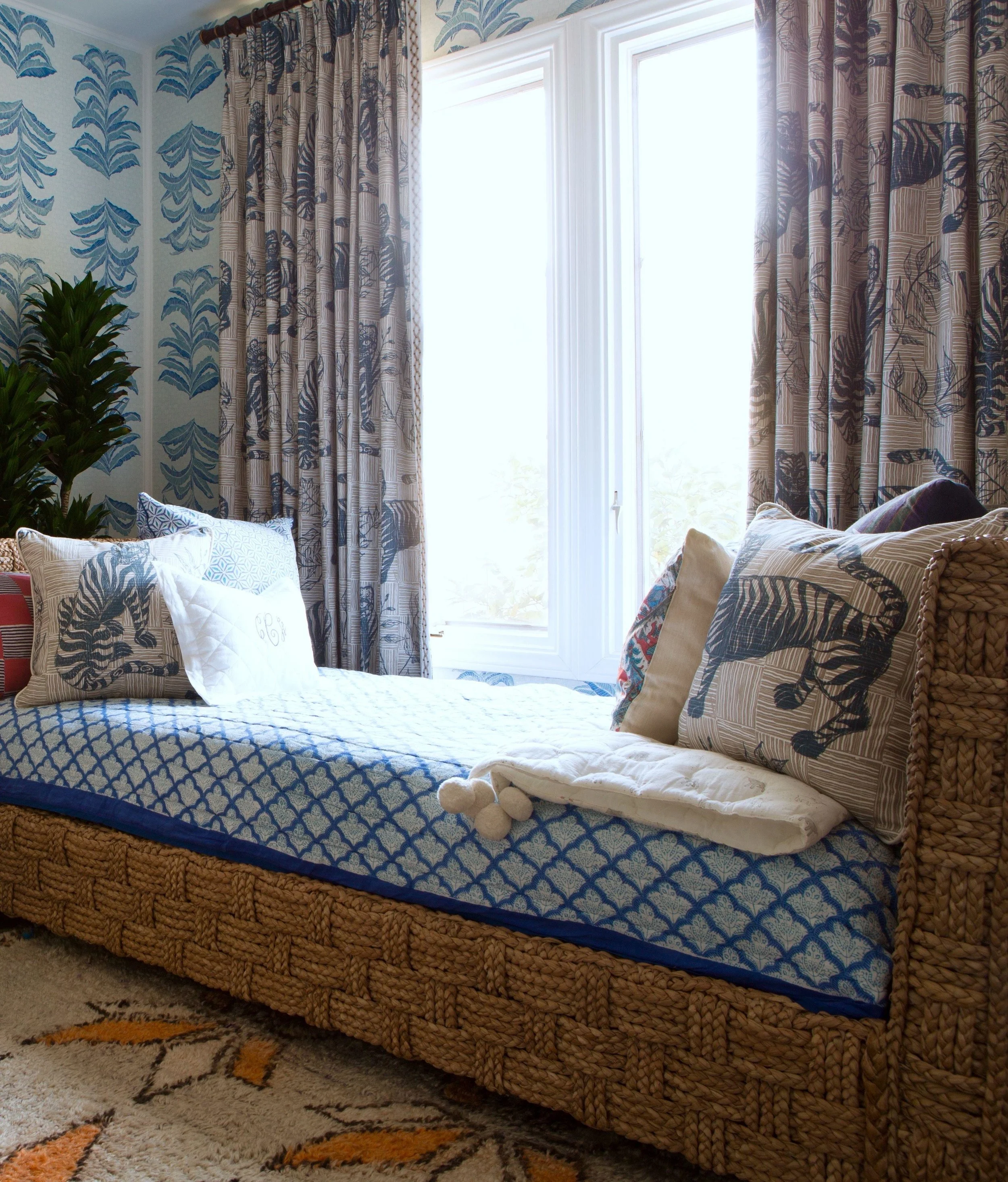 Tiger & Magpie Fabric in Deep Blue, Interiors by Sharon Lee, Featured in House Beautiful, Photo by Karyn Millet
