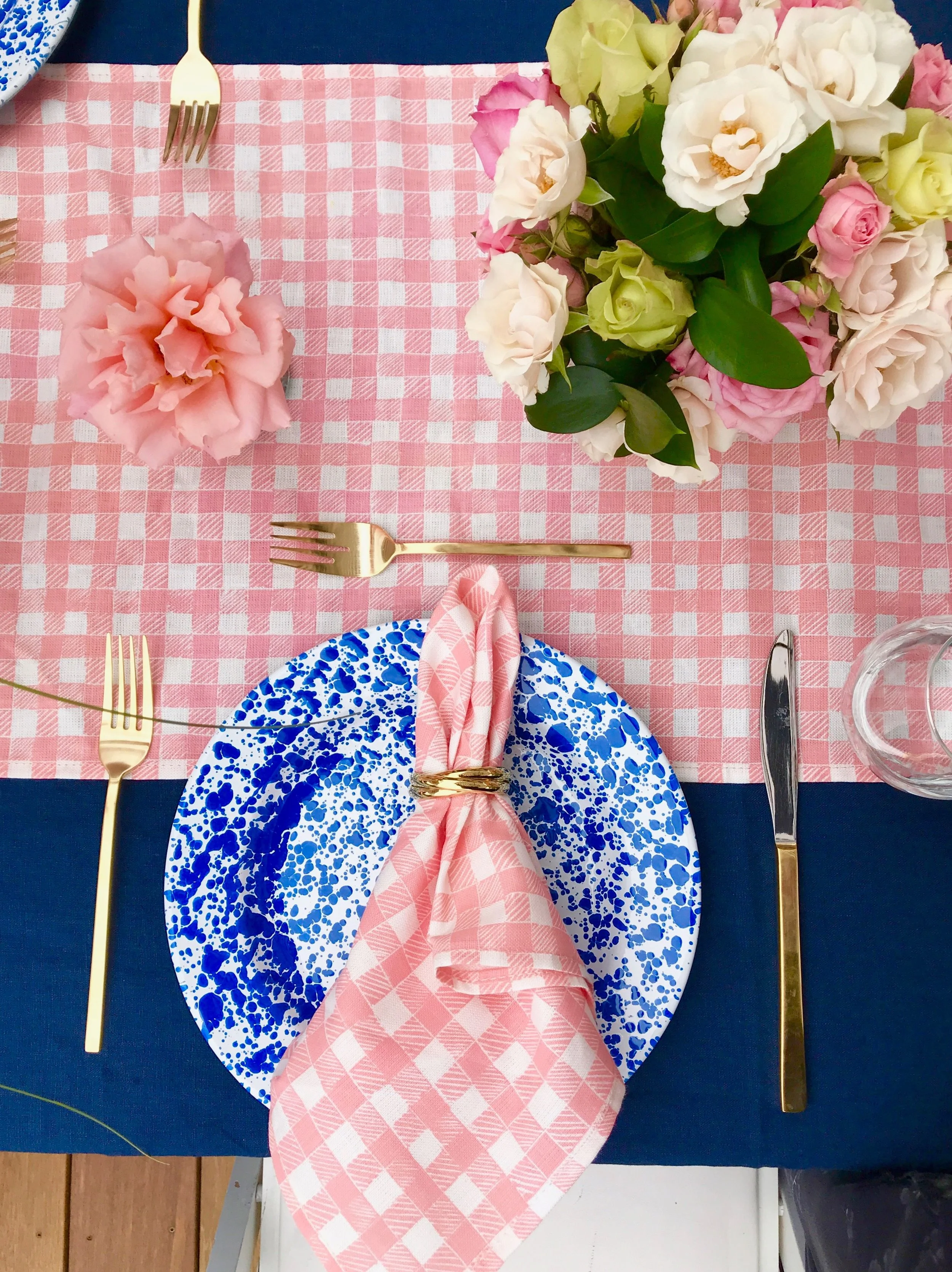 Block Print Gingham napkins in Pink, Florals and Styling by Darlington Avenue