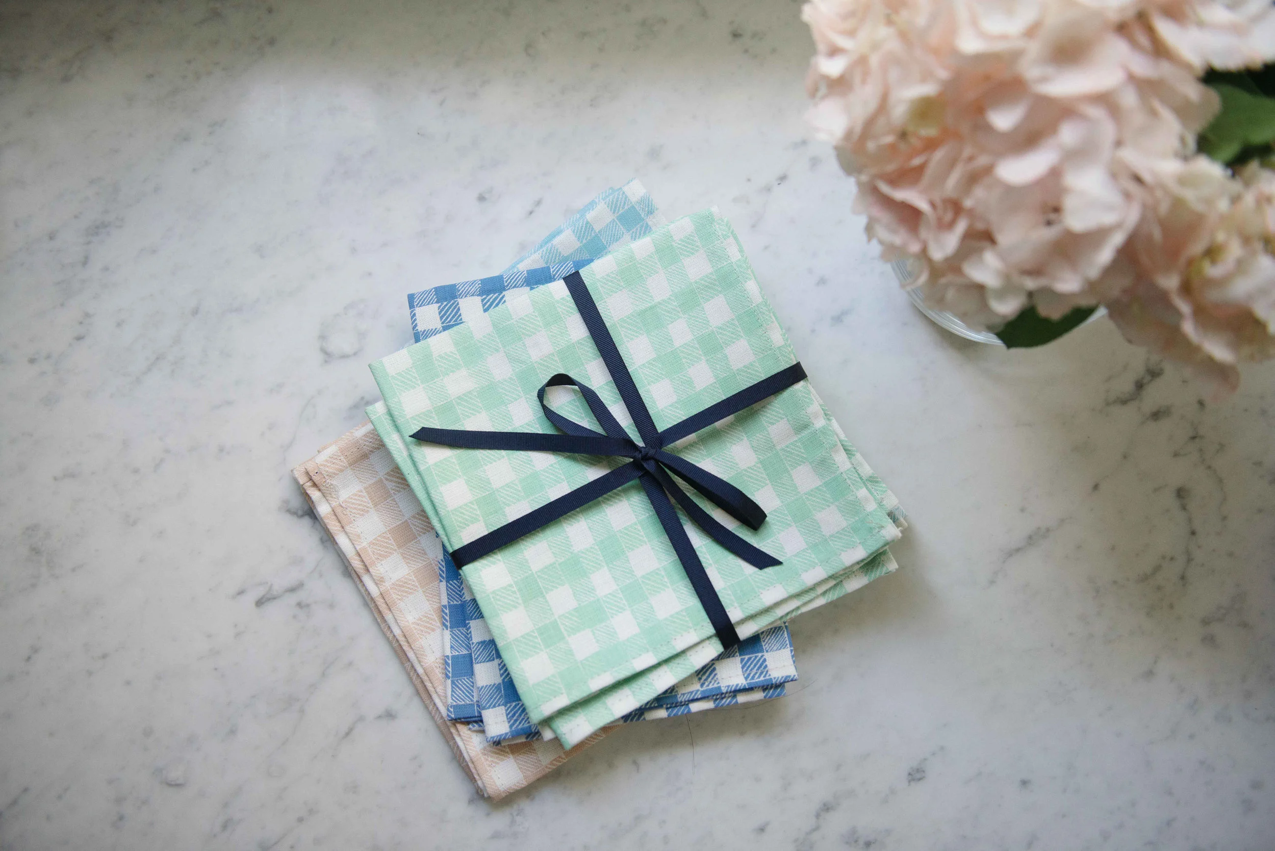 Block Print Gingham Napkins in Green, Blue, Light Blue, and Beige, Photo by Emily Young
