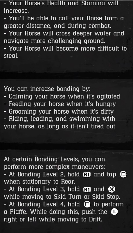 Horse Bonding advantages from the in-game help
