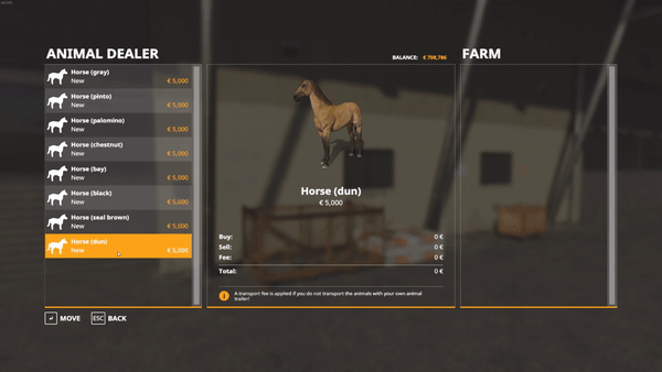 The horse selection at the Animal Trader’s store interface