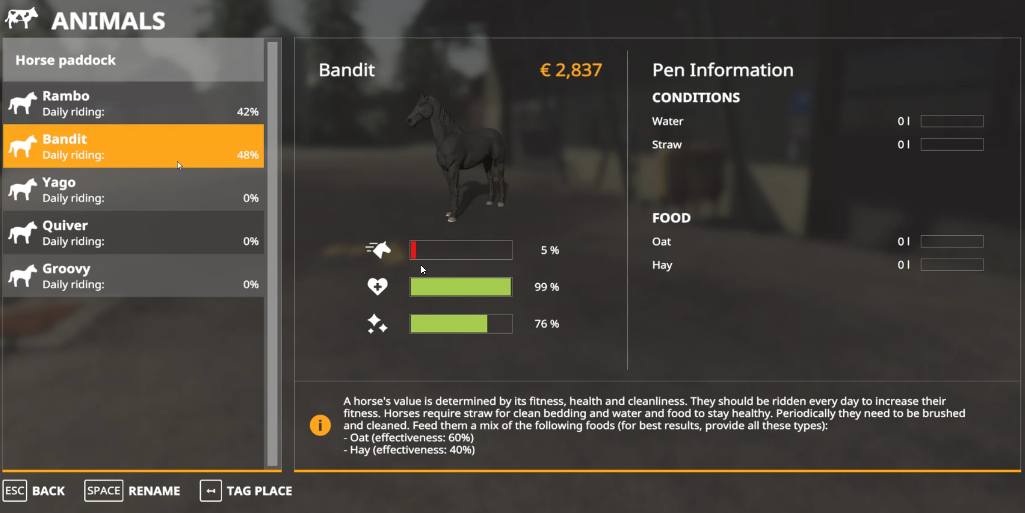 Horses’ stats can be seen in the animal menu. I still have no clue how I’d go about cleaning a horse.
