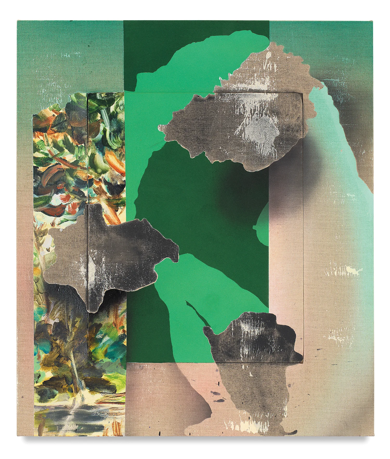 To Sit And Think, Flashe, charcoal, oil acrylic and flocking on linen, 30 x 25 inches, 2018