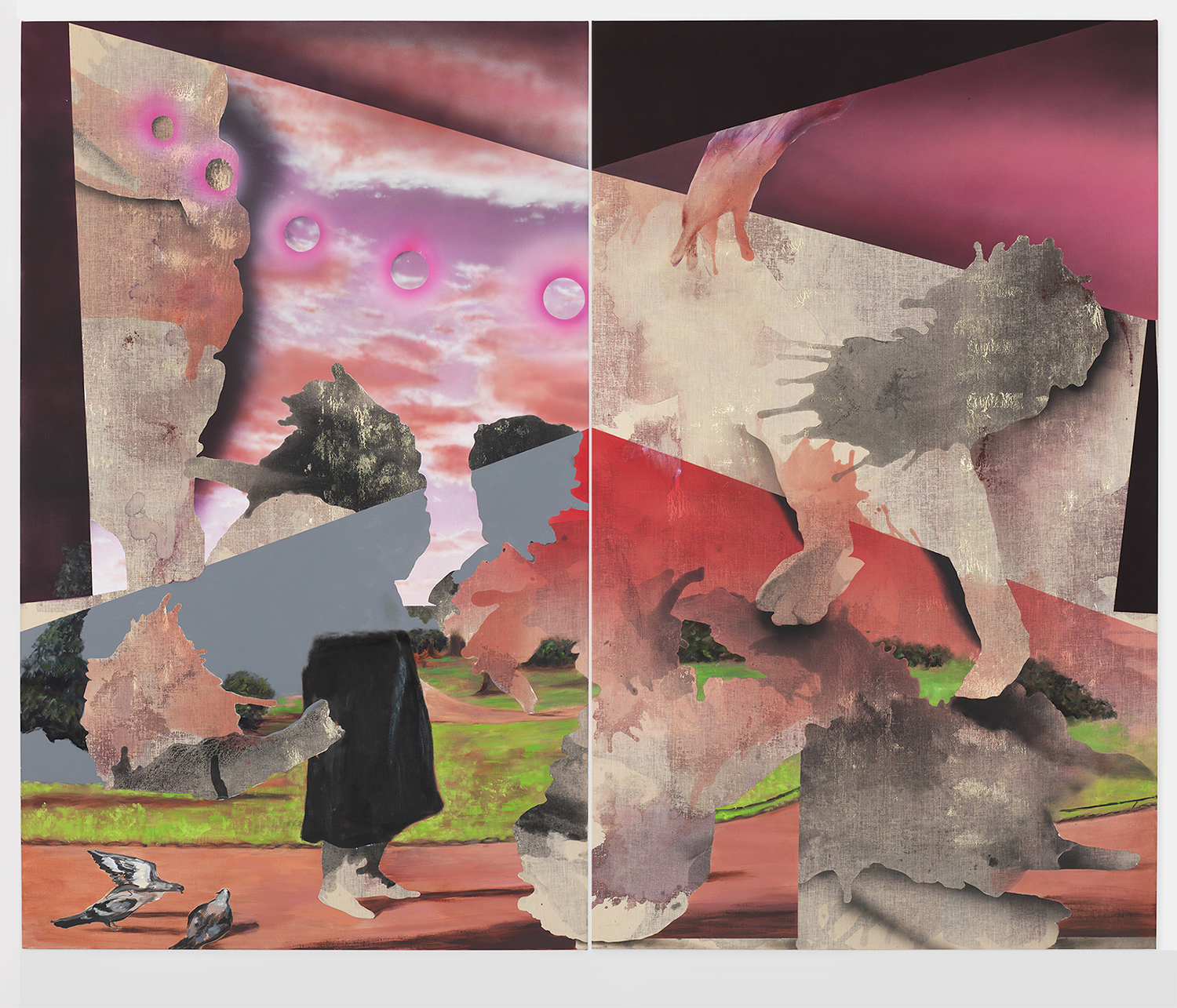 The Heard, The Herd, The Hoard, Flashe, oil, flocking, charcoal and acrylic on linen, 82 x 100 inches, 2018