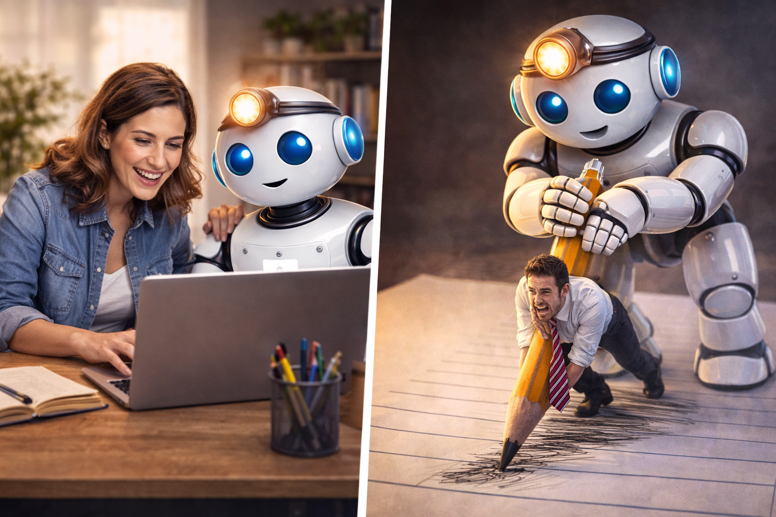 Left panel shows human and robot looking at a laptop together. Right panel shows a giant robot pushing a pencil with a human hanging on to the writing end