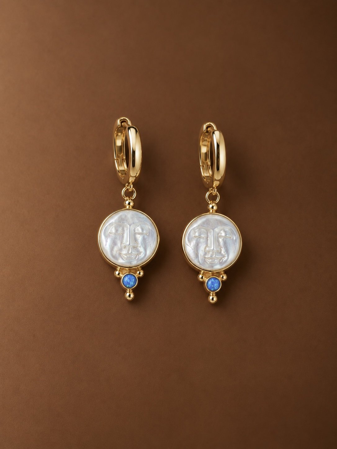 Mother Moon Gold Blue Opal Earrings