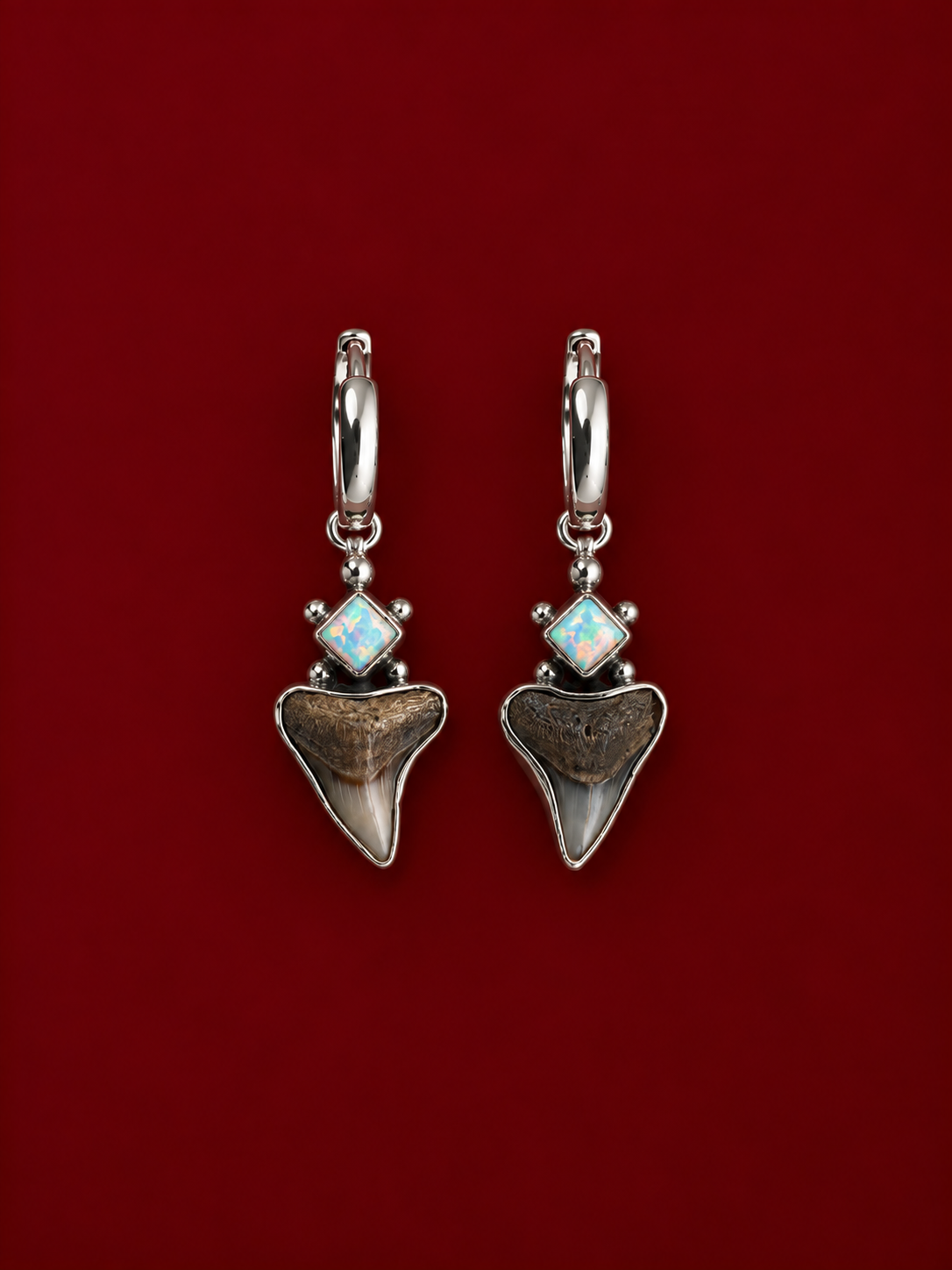 Silver Opal Fossilised Shark Tooth Earrings