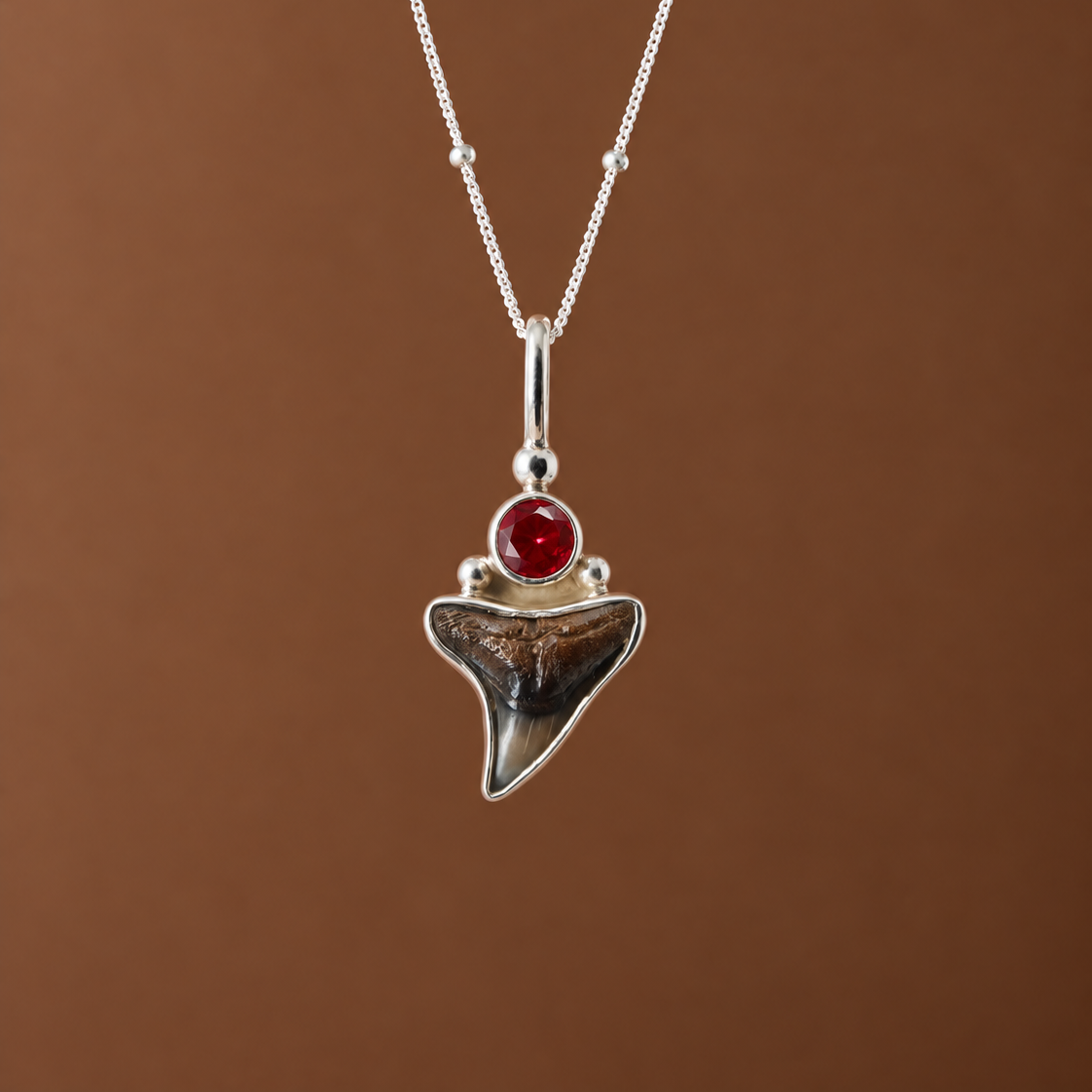 Small Fossilised Shark and Ruby Necklace