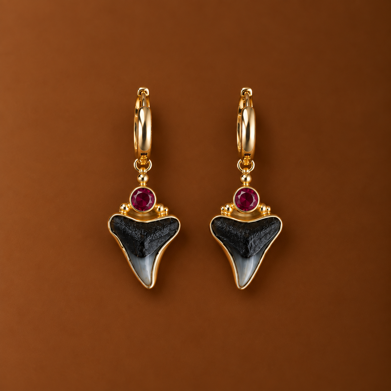 Fossilised Shark Tooth & Ruby Earrings